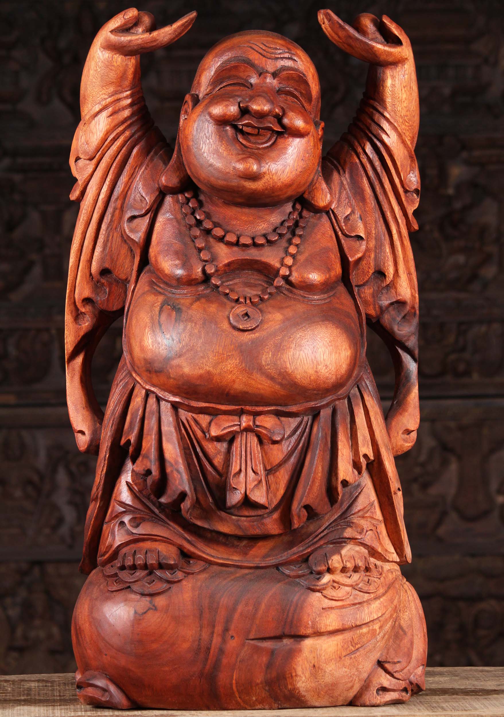 Wood Fat & Happy Standing Buddha Statue 32"