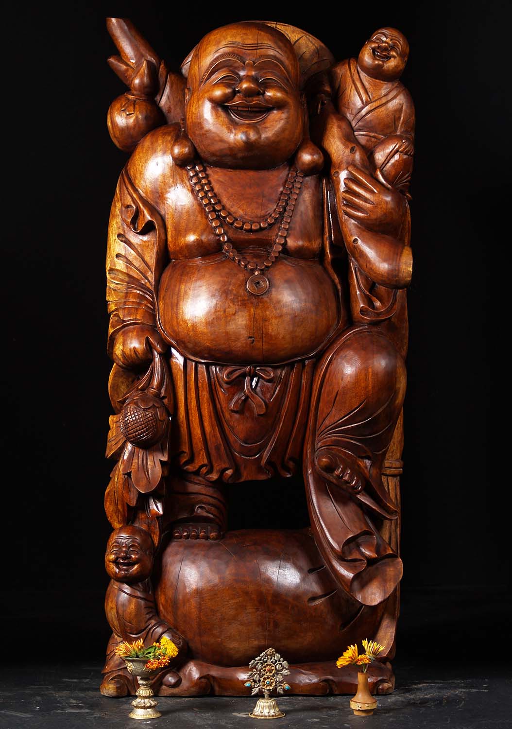 Wood Buddha of Wealth With Children Statue 50"