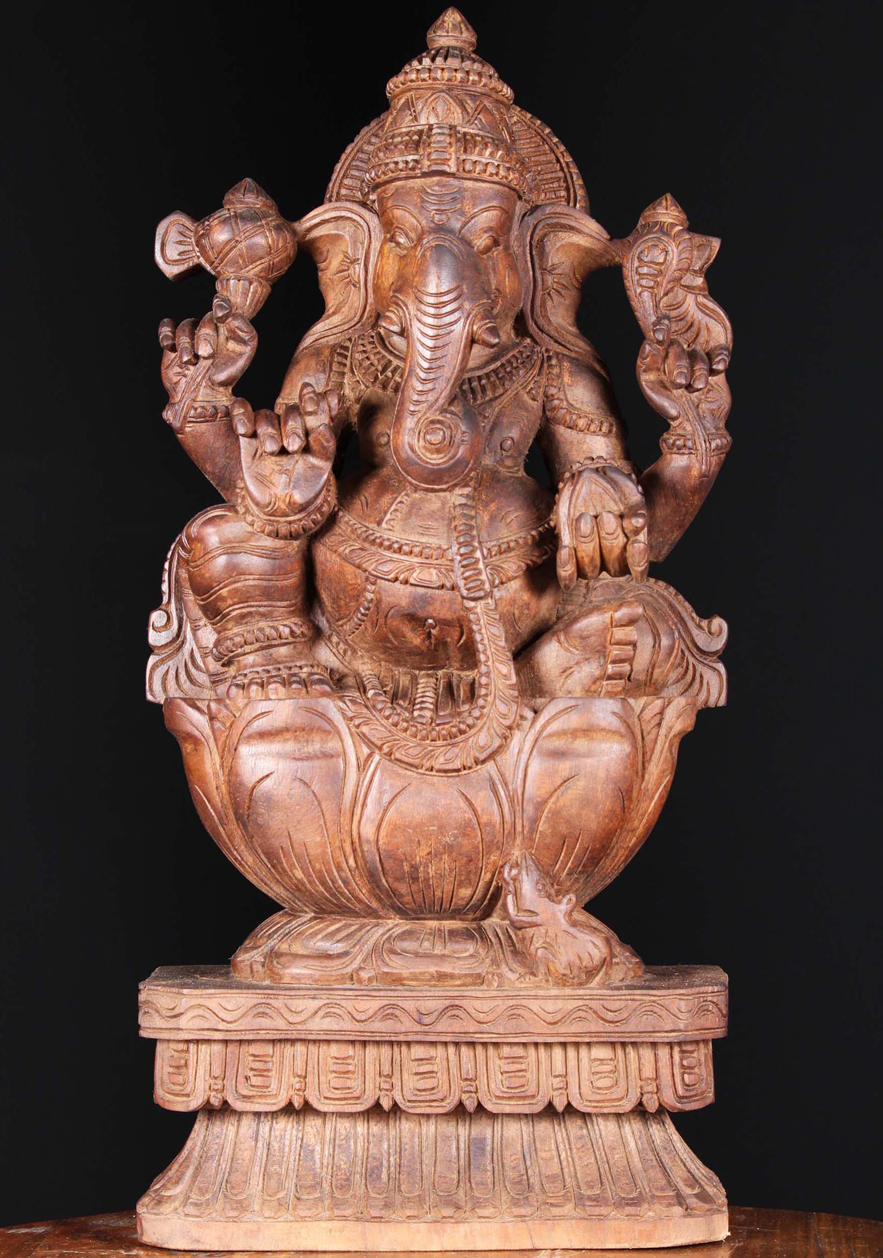 Wood Ganapathi Seated on Large Lotus Base 24"