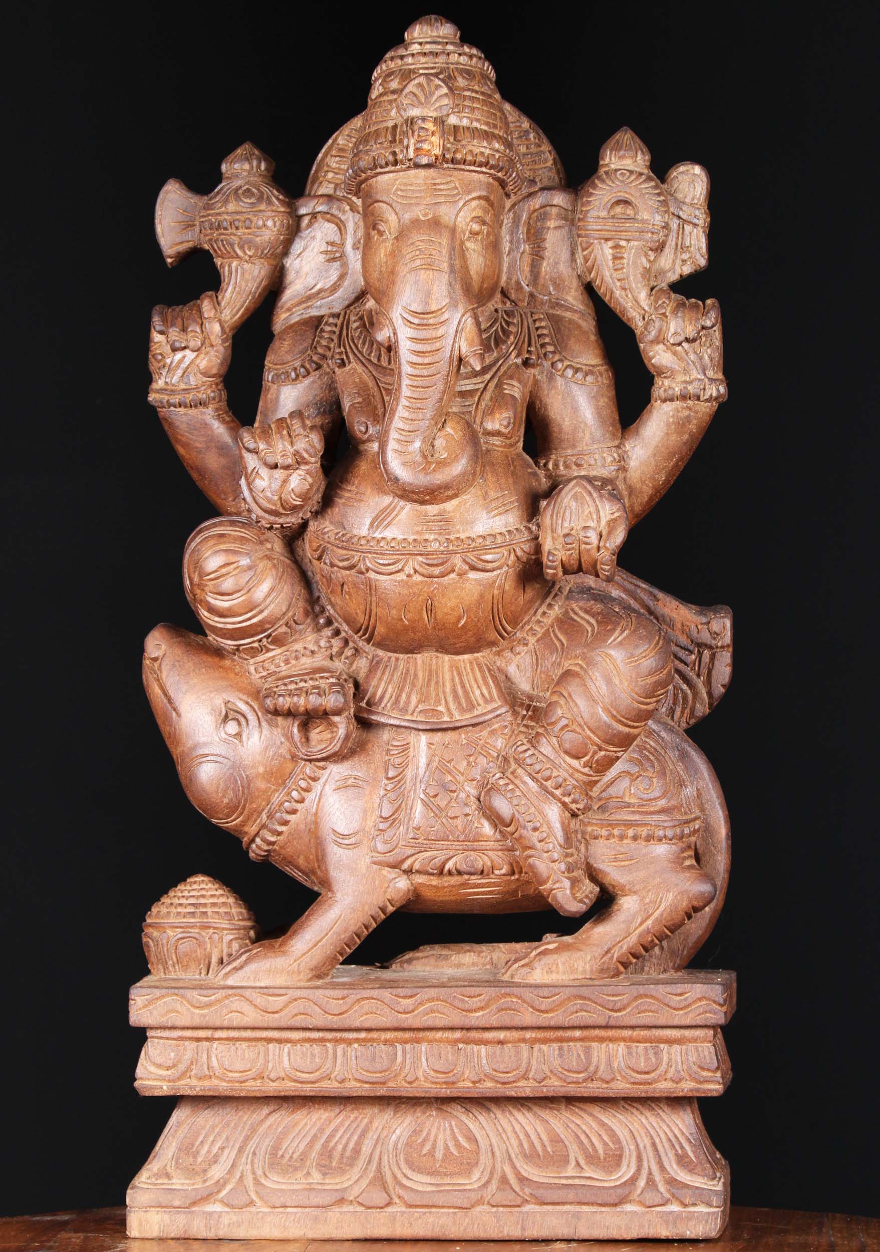 Wooden Ganesh Statue Seated On Rat 24"