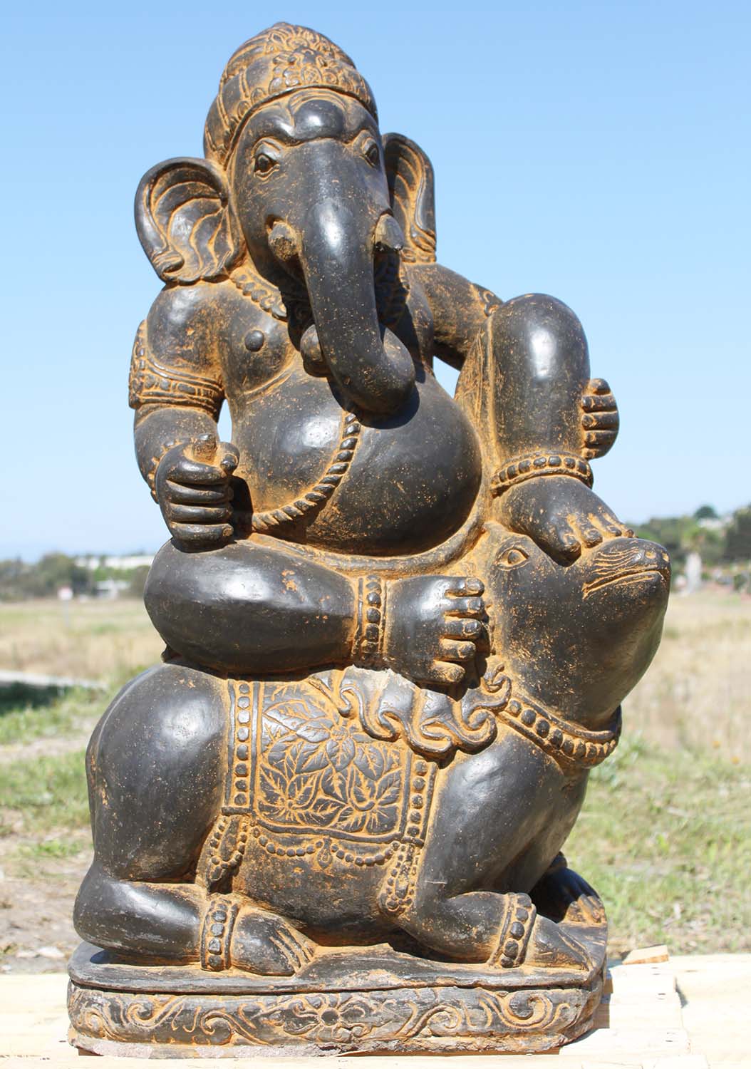 Stone Ganesh Seated on Rat, Mooshika 43"