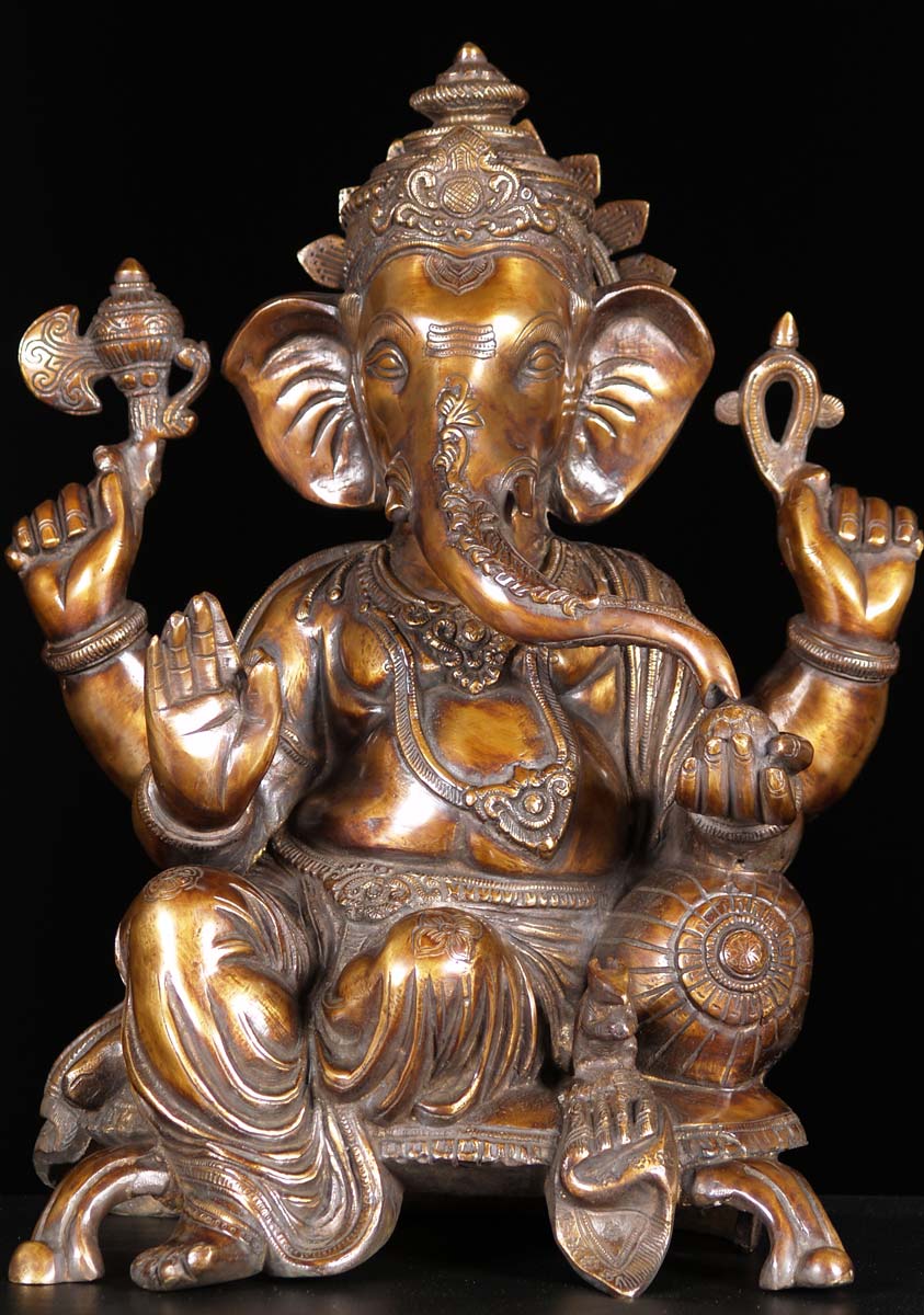 Brass Seated Ganesha on Raised Bed in Abhaya Mudra with Elephant Goad & Noose Statue 18"