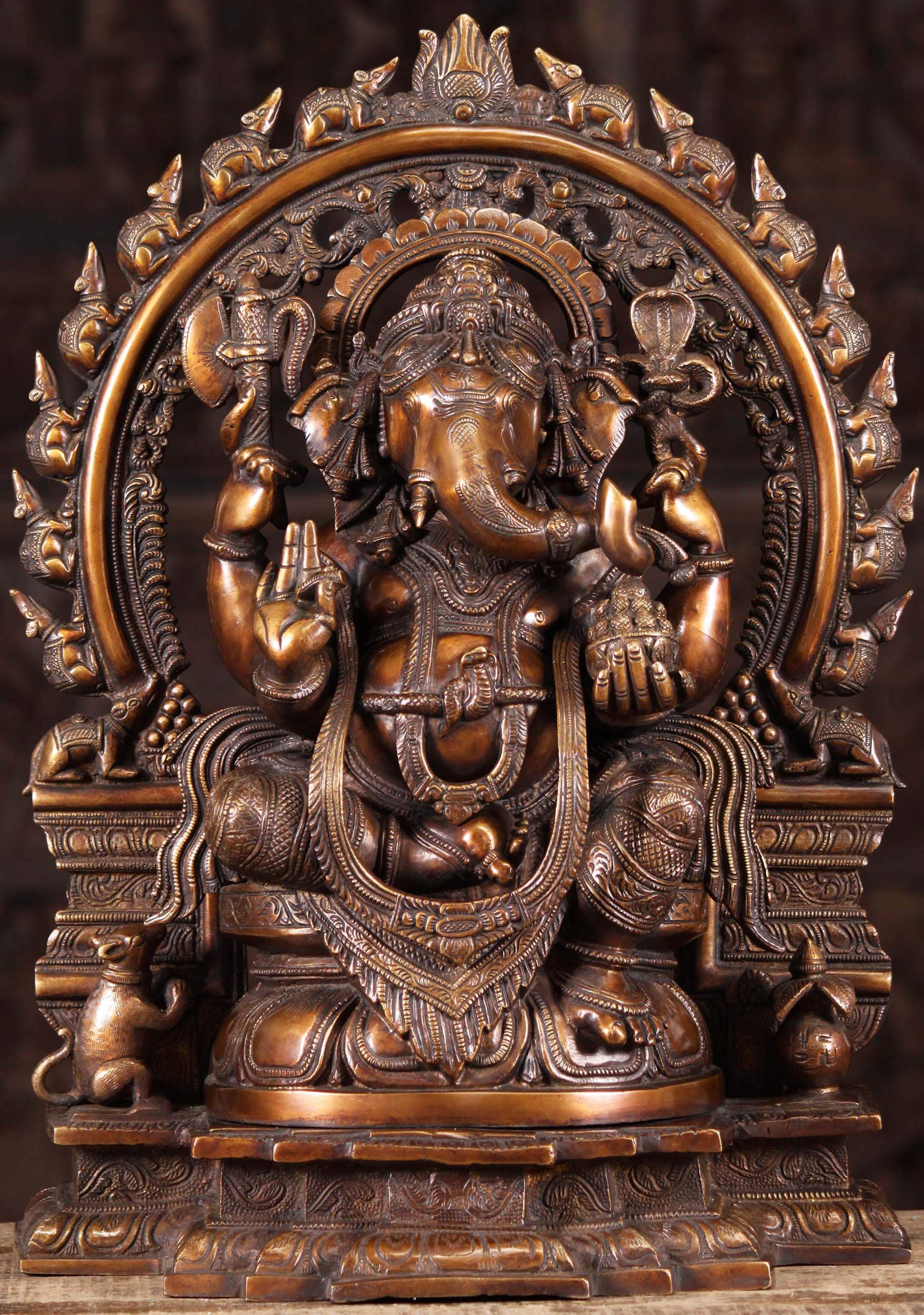 Ganesh Brass Statue Holding His Broken Tusk with Magnificent Arch with 16 Rats 19"