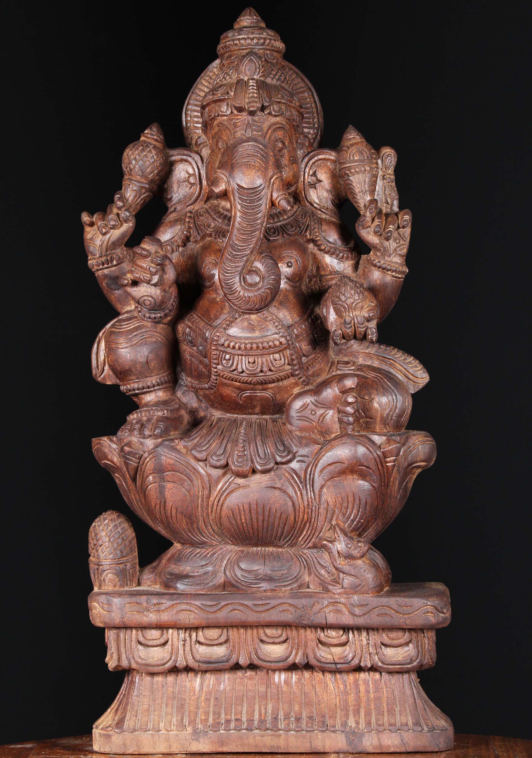 Wood Ganesh Statue Seated  atop a Lotus Base 24"