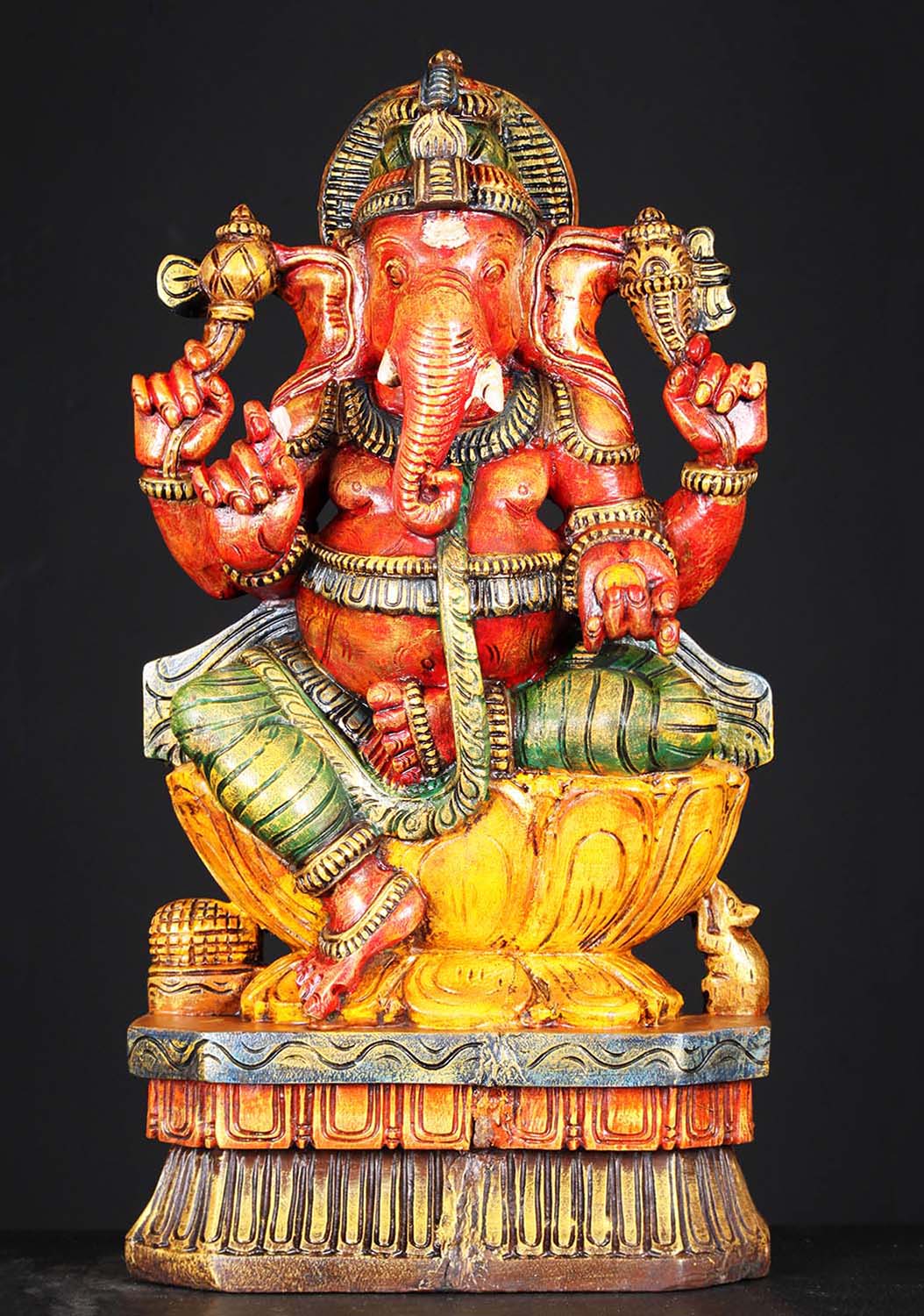 Wooden Red Ganesha Statue with Rat 24"