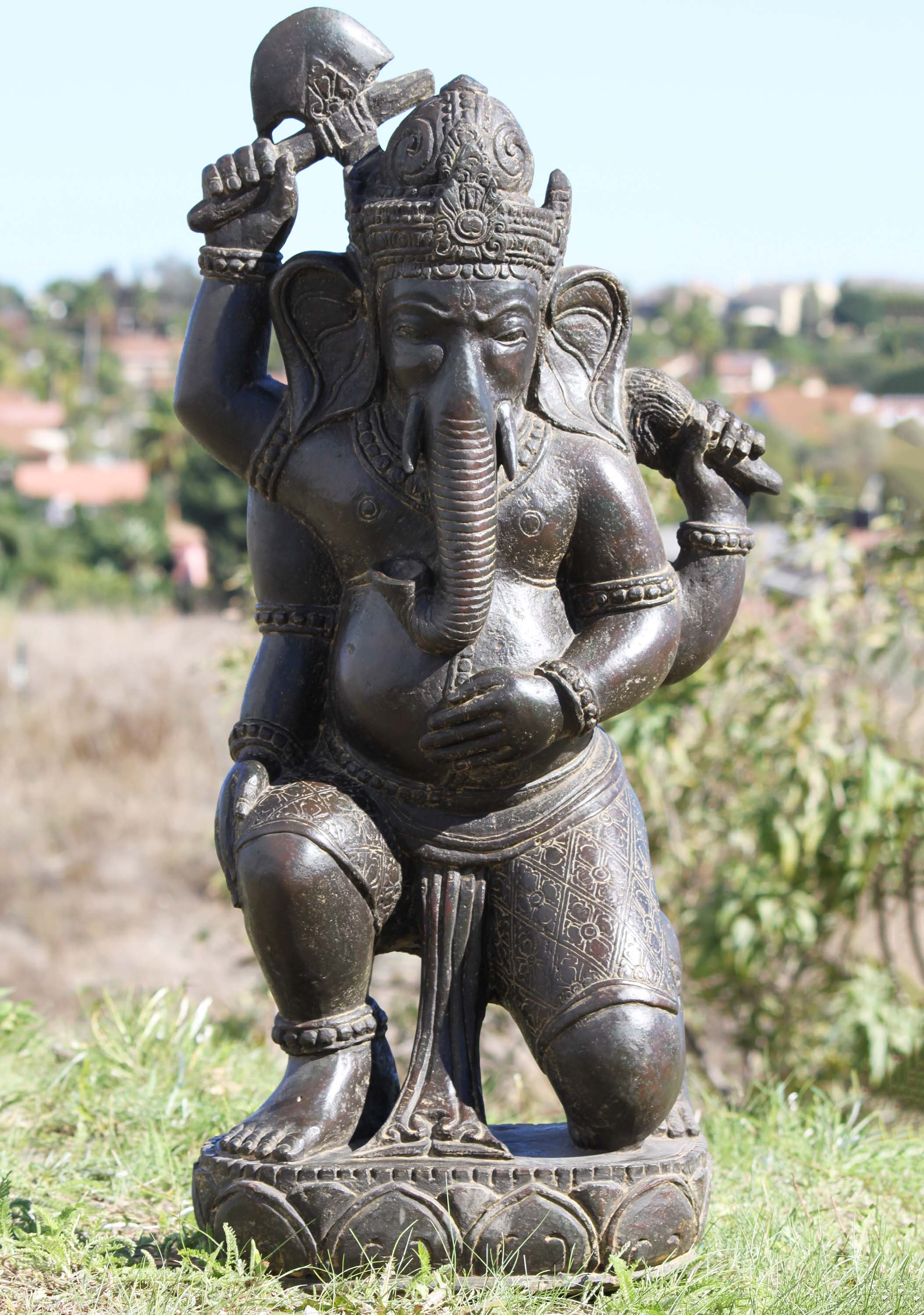 SOLD Stone Ganesha Holding Ax & Fly Whisk 40