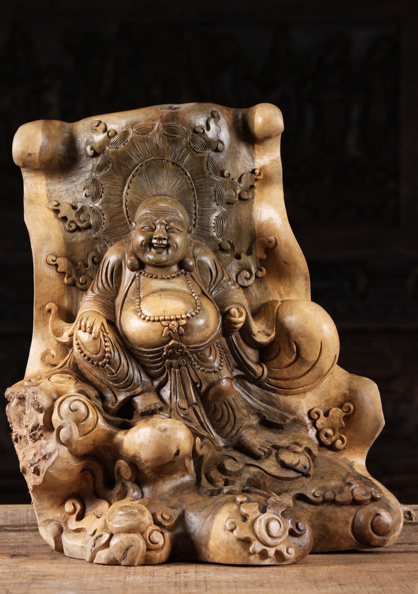 Amazing Wood Fat & Happy Buddha of Wealth Statue Hand Carved in Green Hibiscus Wood 20"