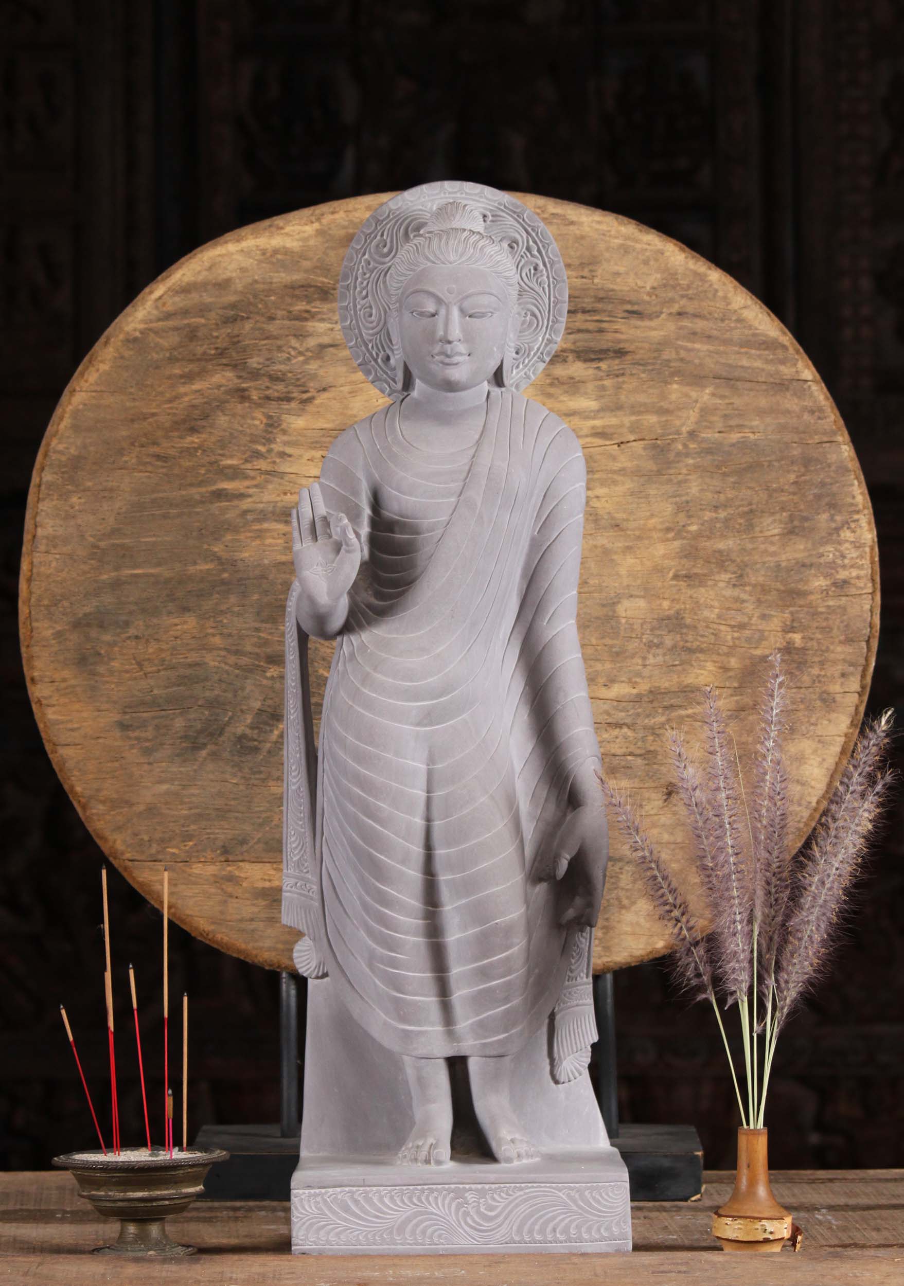 Grey Marble Teaching Gandhara Buddha Statue 26"