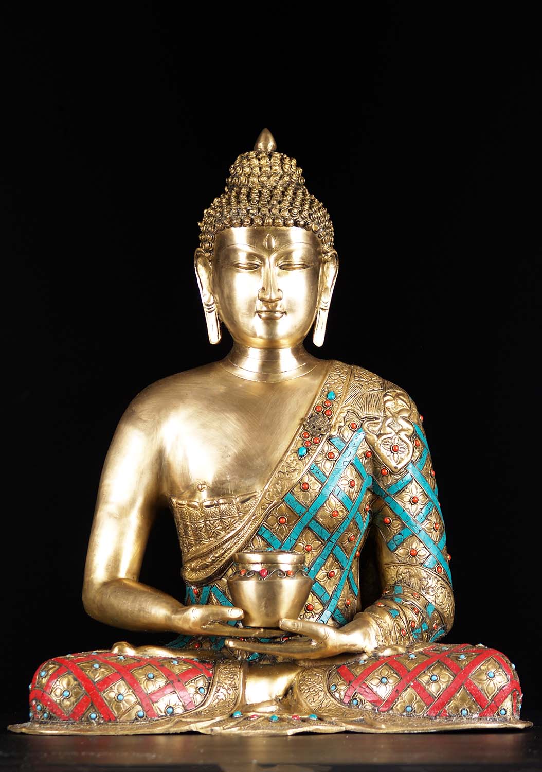 Beautifully Decorated Brass  Alms Bowl Buddha 26"