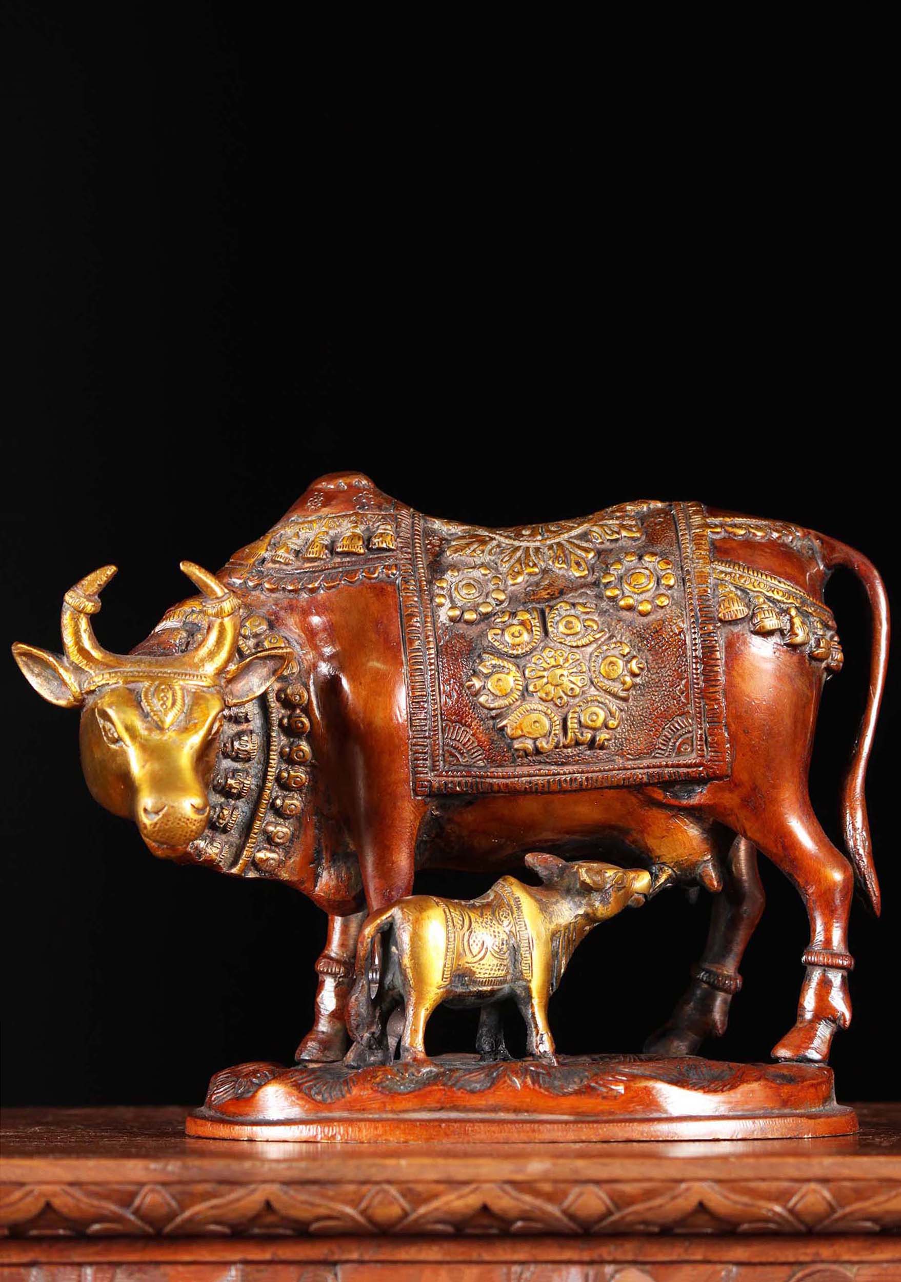 Brass Kamadhenu With Baby Cow Statue 6.5"