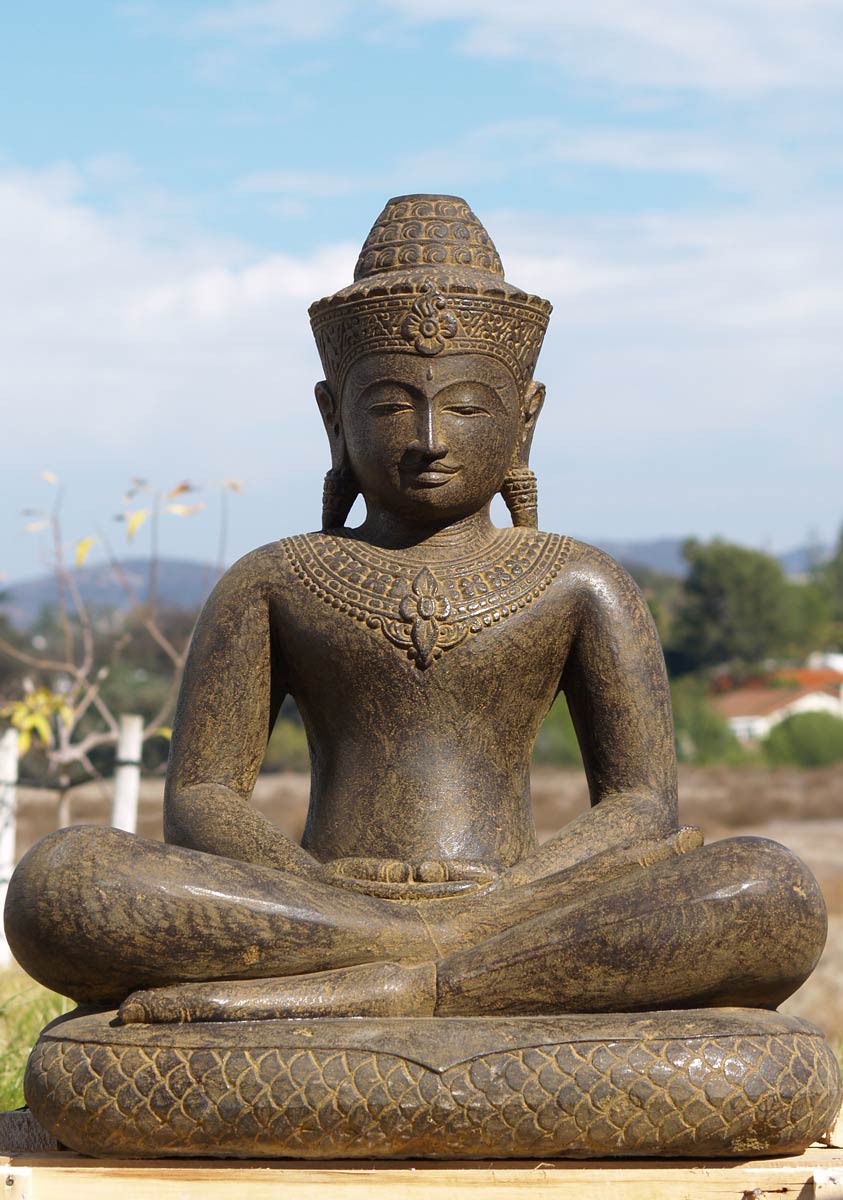 Stone Khmer Buddha on Snake 34"