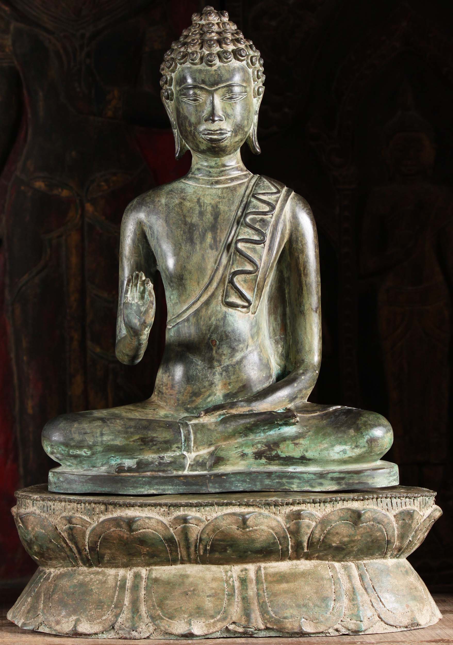 Thai Brass Seated Cambodian Style Vitarka Teaching Buddha Statue on Large Lotus Base 24"