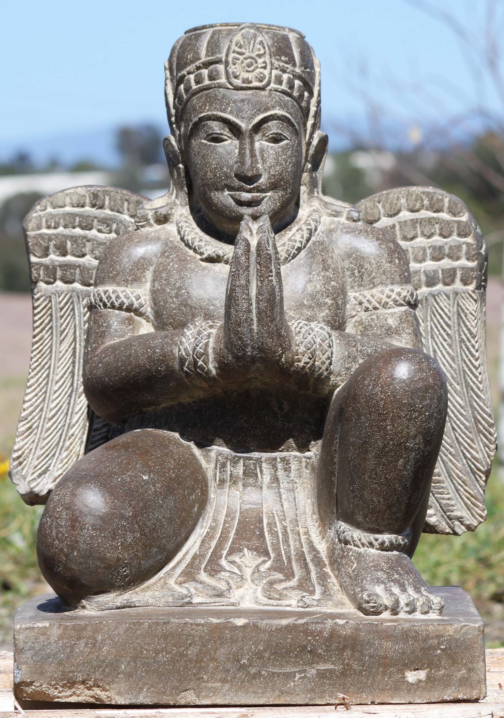 Stone Kneeling Namaste  Garuda Statue 23"