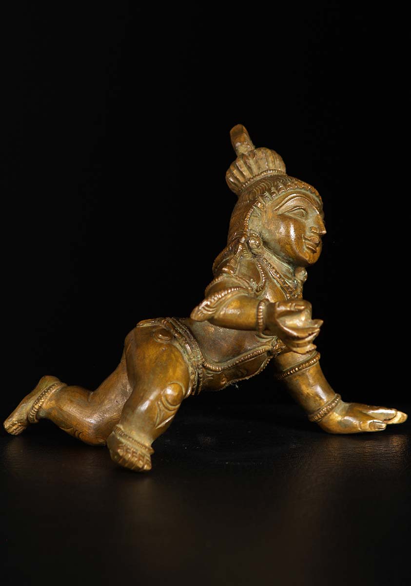 Bronze Small Crawling Butter Krishna Statue 4"