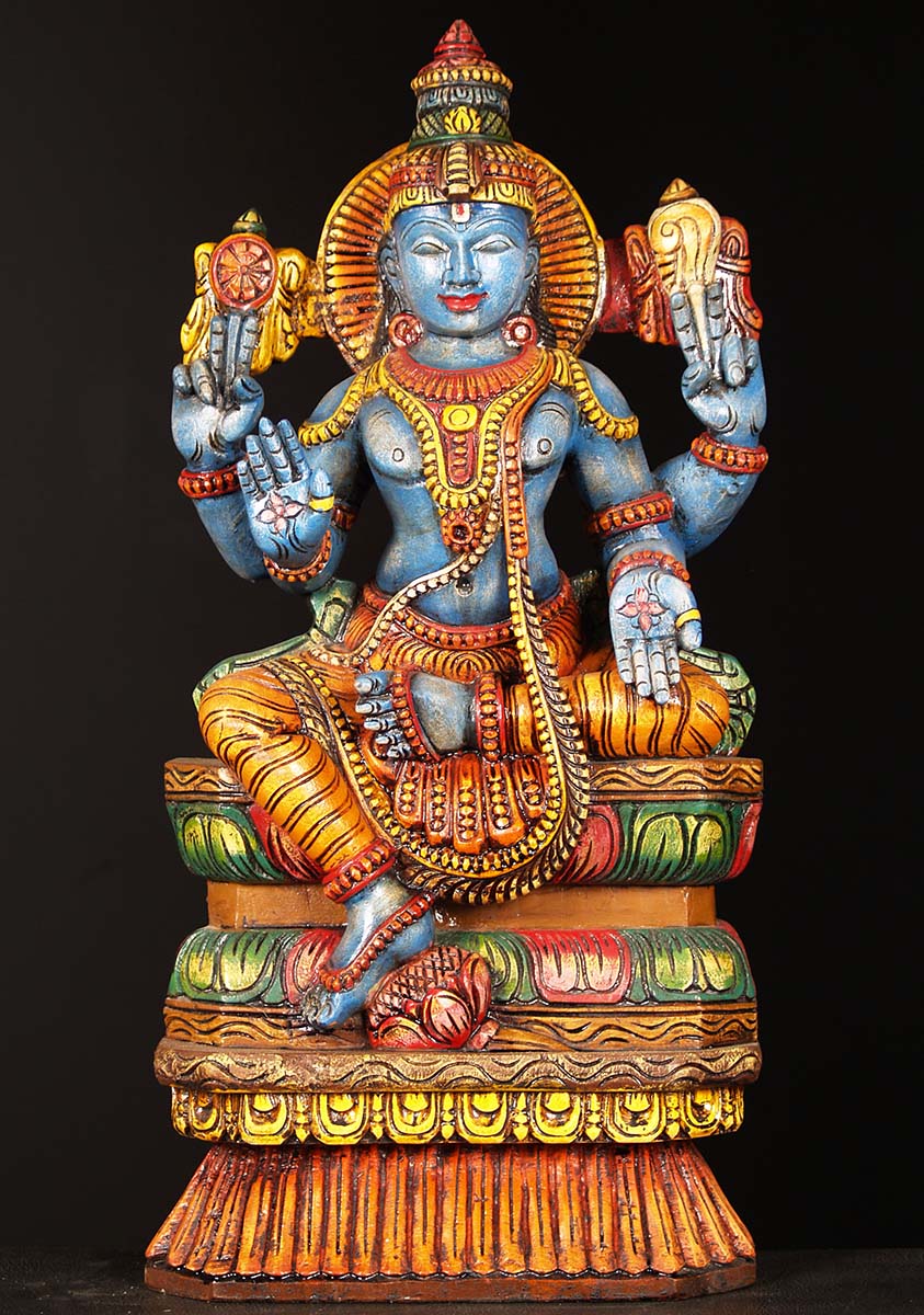 Wood Seated Vishnu Statue 24"