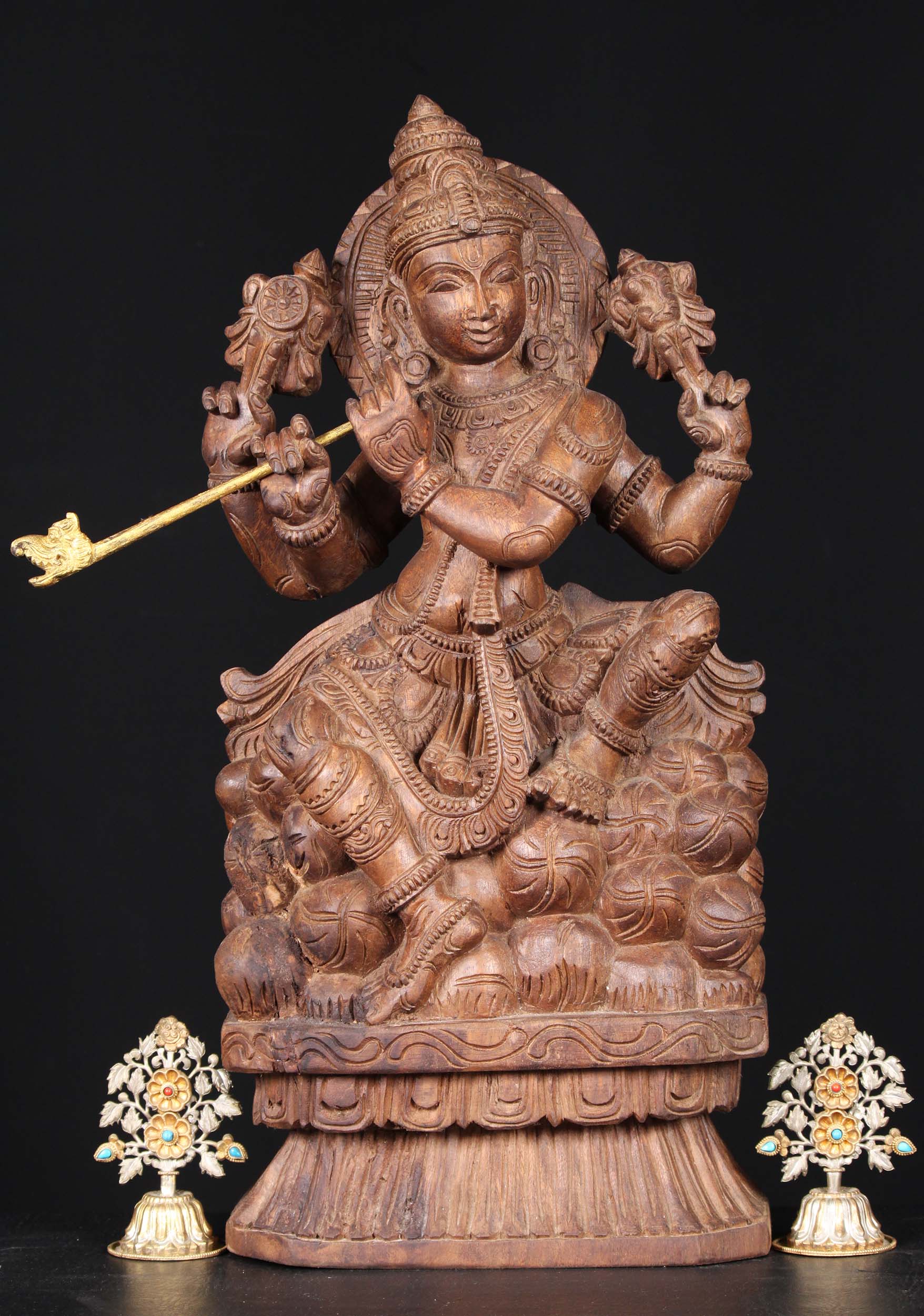 Wooden Seated Krishna Playing the Flute 24"