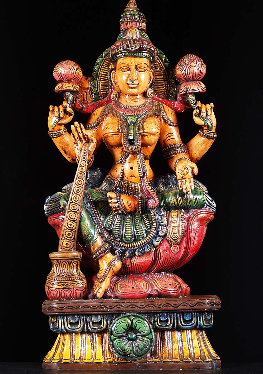 Colorfully Painted Wooden Lakshmi Granting Boons Seated on Lotus Base Statue 30"