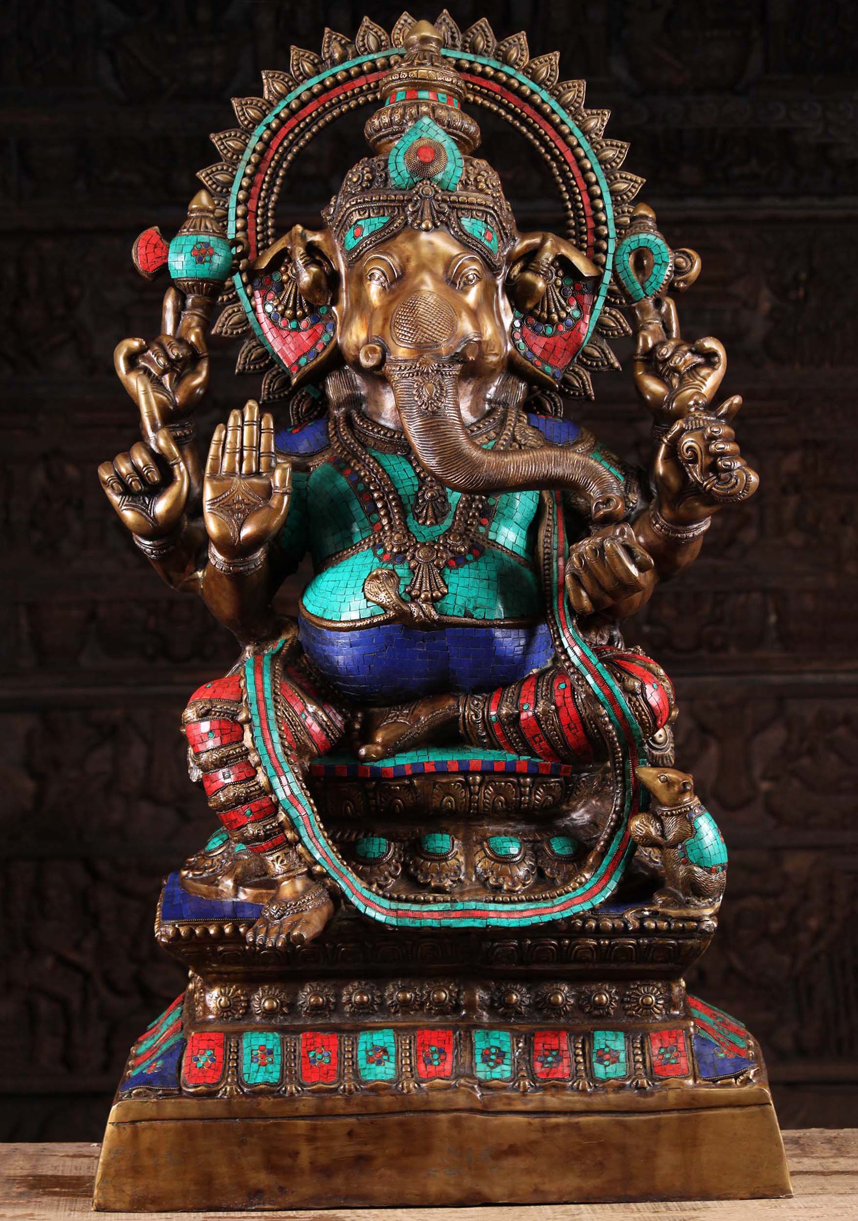 Large Brass Statue of 6 Armed Abhaya Mudra Ganesha with Colored Stones & Rat Mooshika 45"