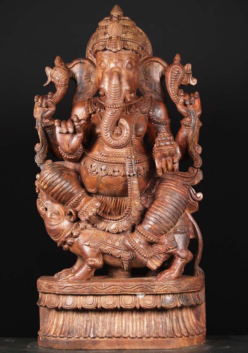Large Ganesh Wood Statue Seated on Rat 36"