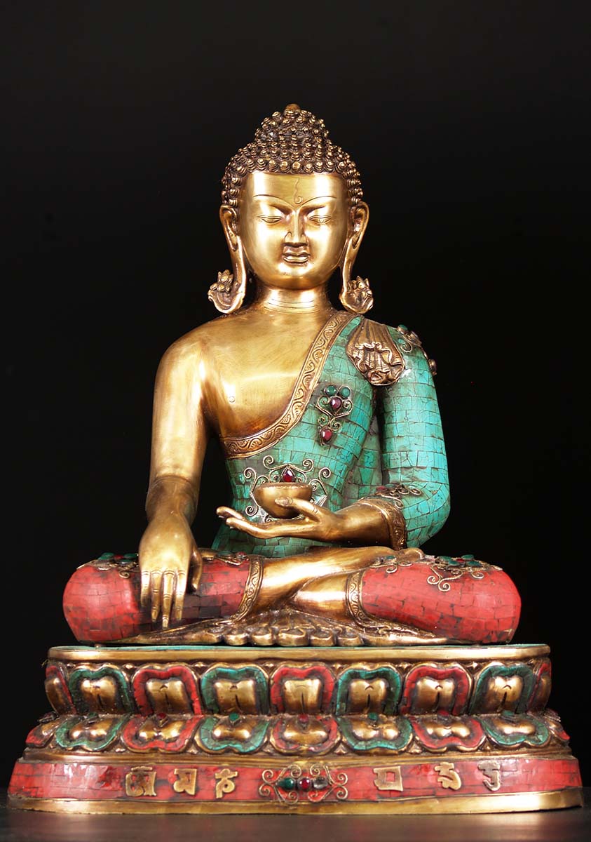Brass Large Indian Buddha with Colored Stone with Alms Bowl on Double Lotus Base 24"