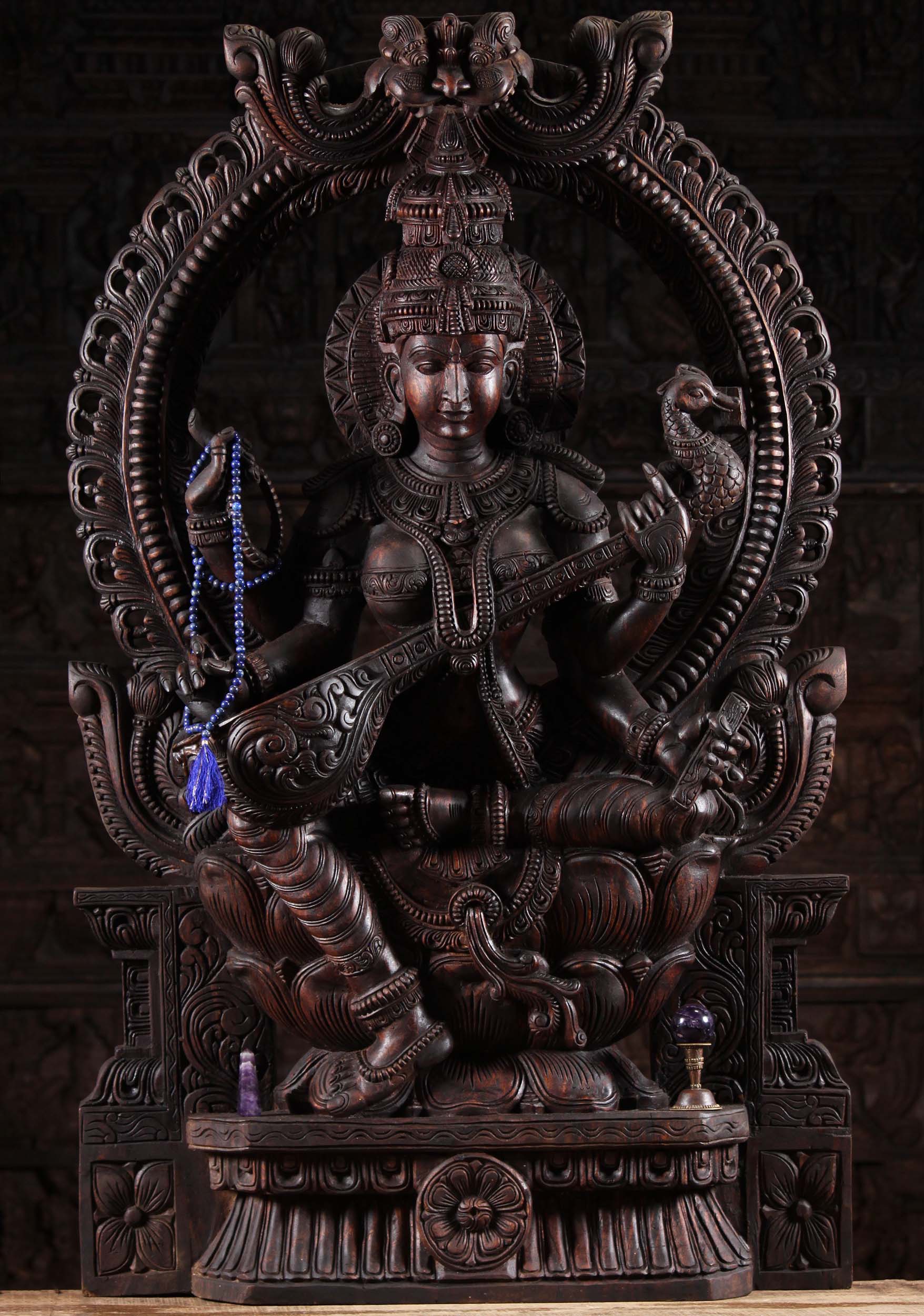 Large Wood Saraswati Playing a Swan Veena 47"