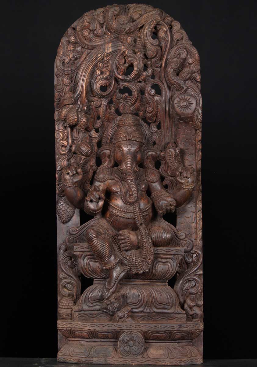 Wood Ganesh Seated Under Canopy 36"