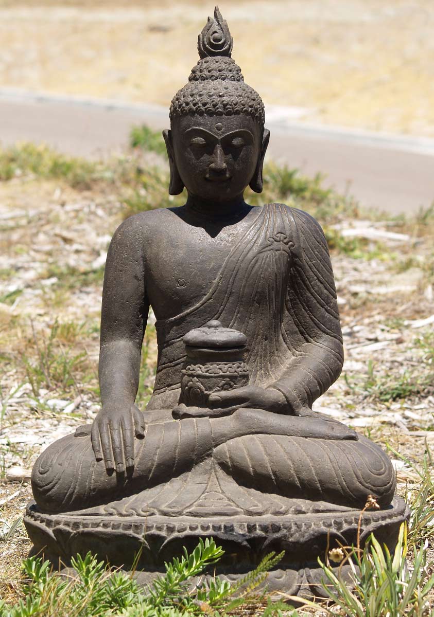 Stone Begging Bowl Buddha Statue 25"