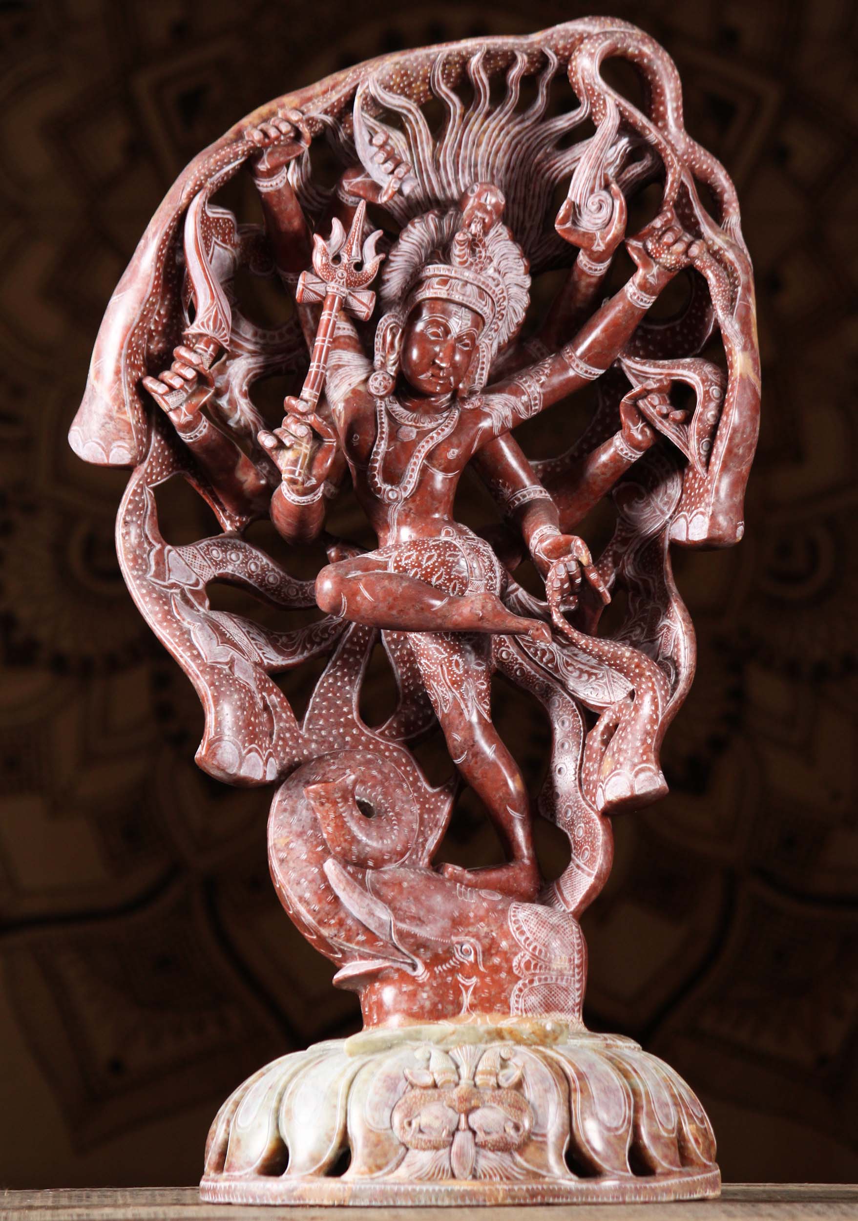 Red Marble Shiva Statue Battling the Elephant Perfect for Home Altar Hand Carved in India 20"