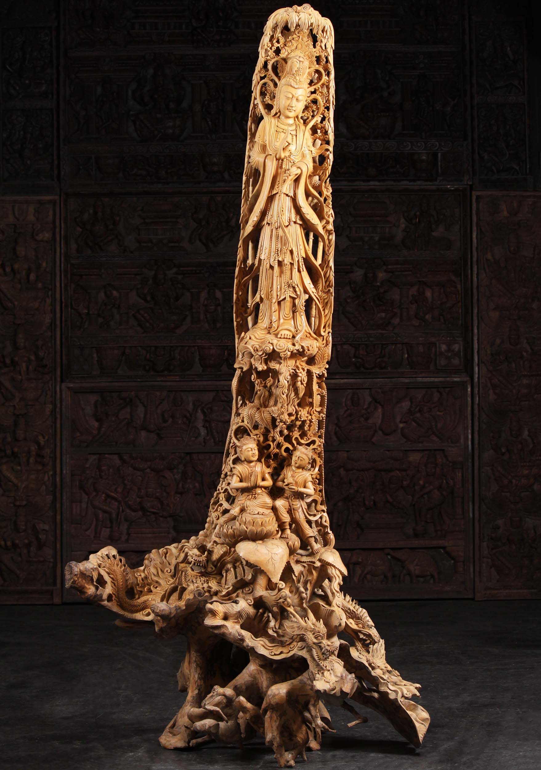 Masterpiece Kwan Yin with 3 Dragons, Long Nue, & Shan Tsai  Carved from the Root of  Tree 83"