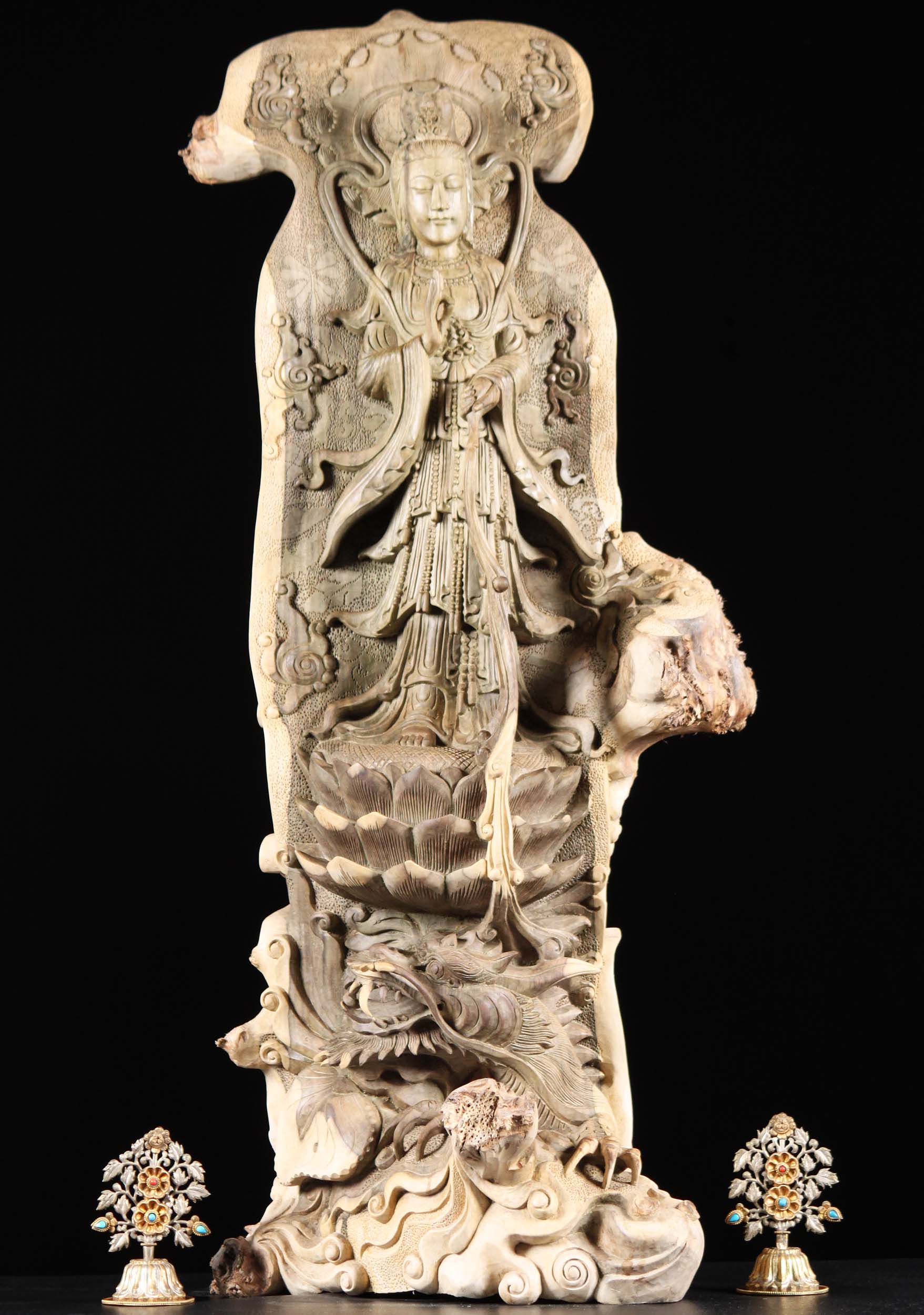 Masterpiece Wooden Kwan Yin With Dragon 36"