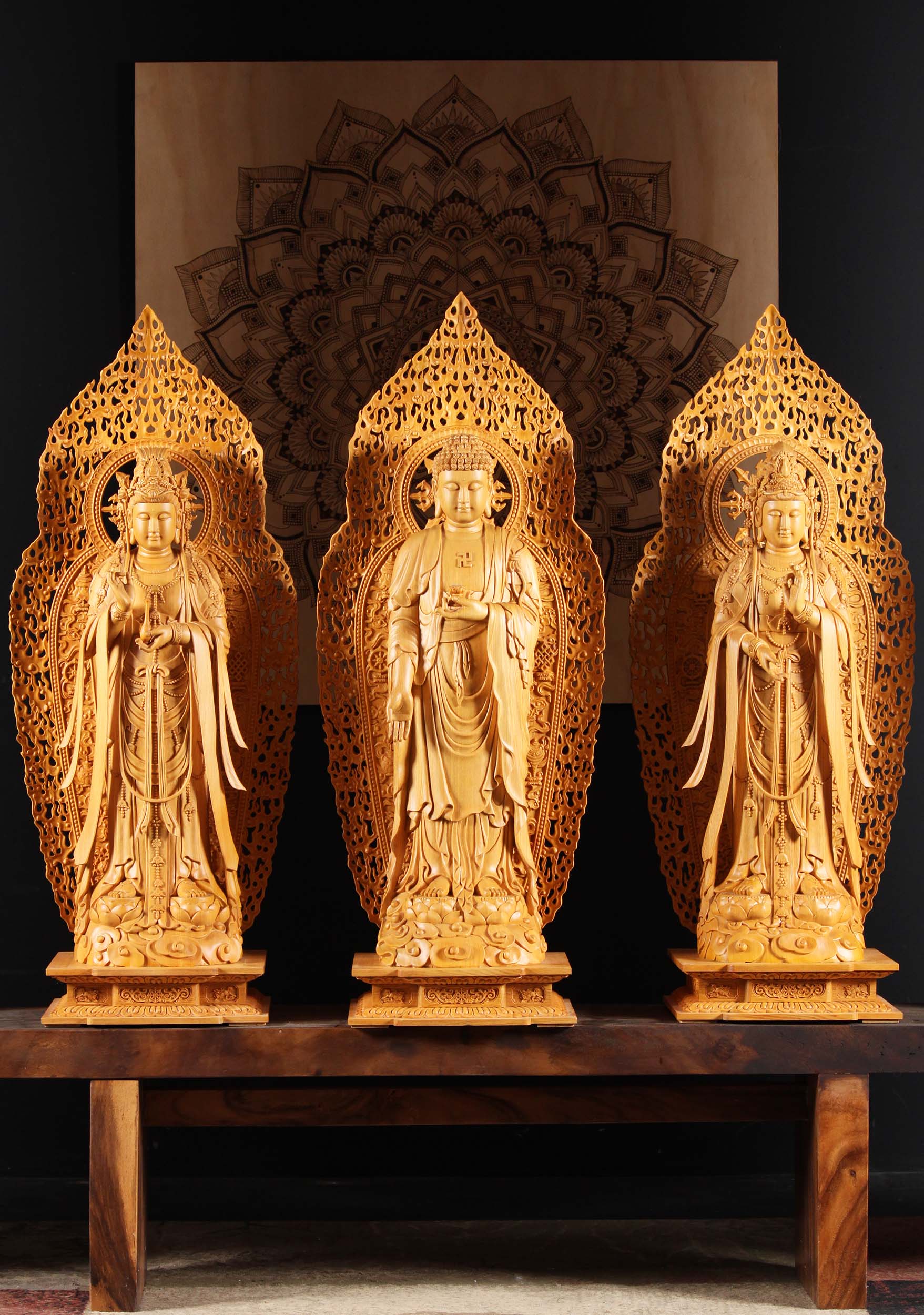Masterpiece Wooden Western Pure Land Trinity Buddha Amitabha Avalokitesvara Mahasthamaprapt