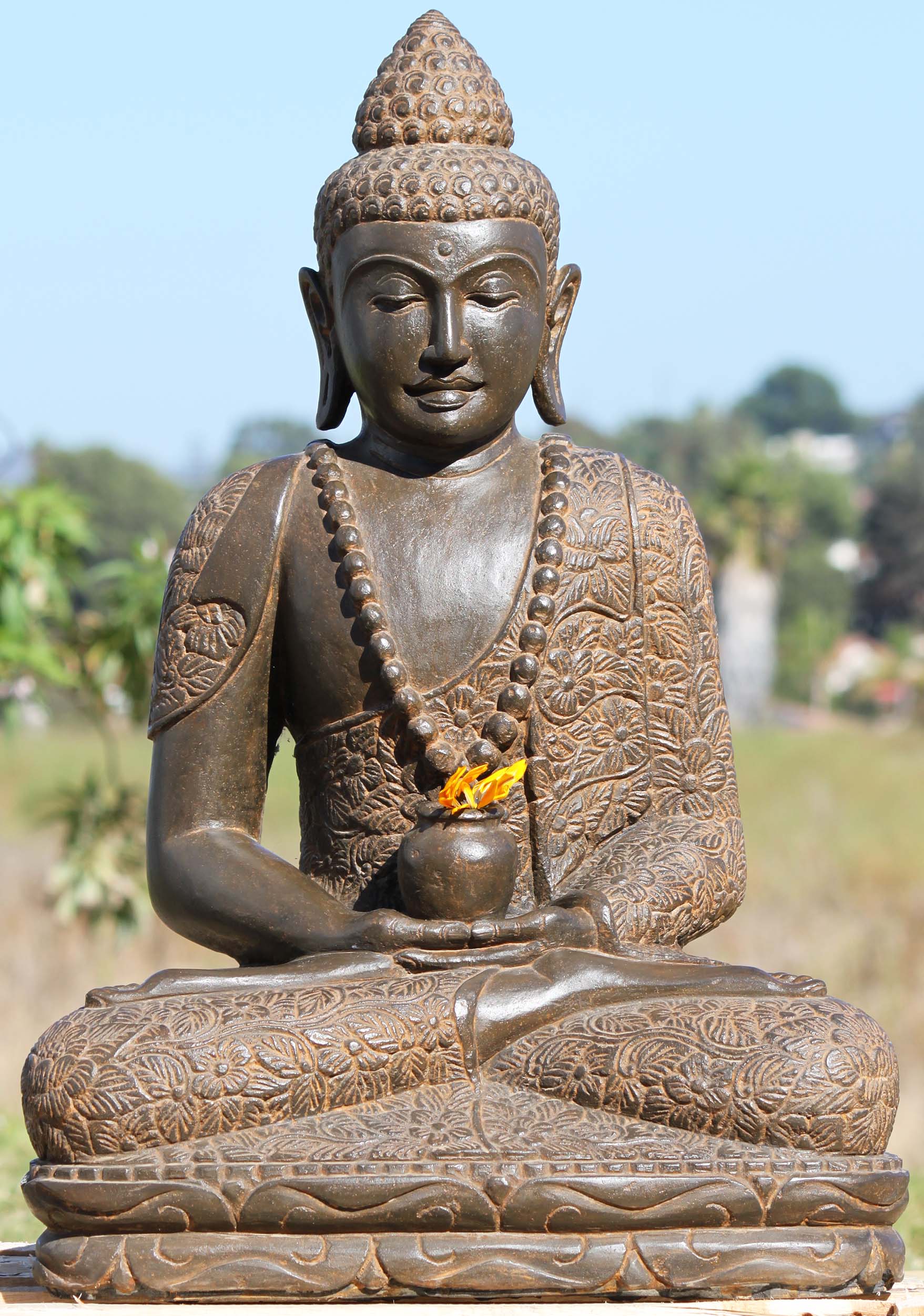 Stone Meditating Alms Bowl Buddha Statue 30"