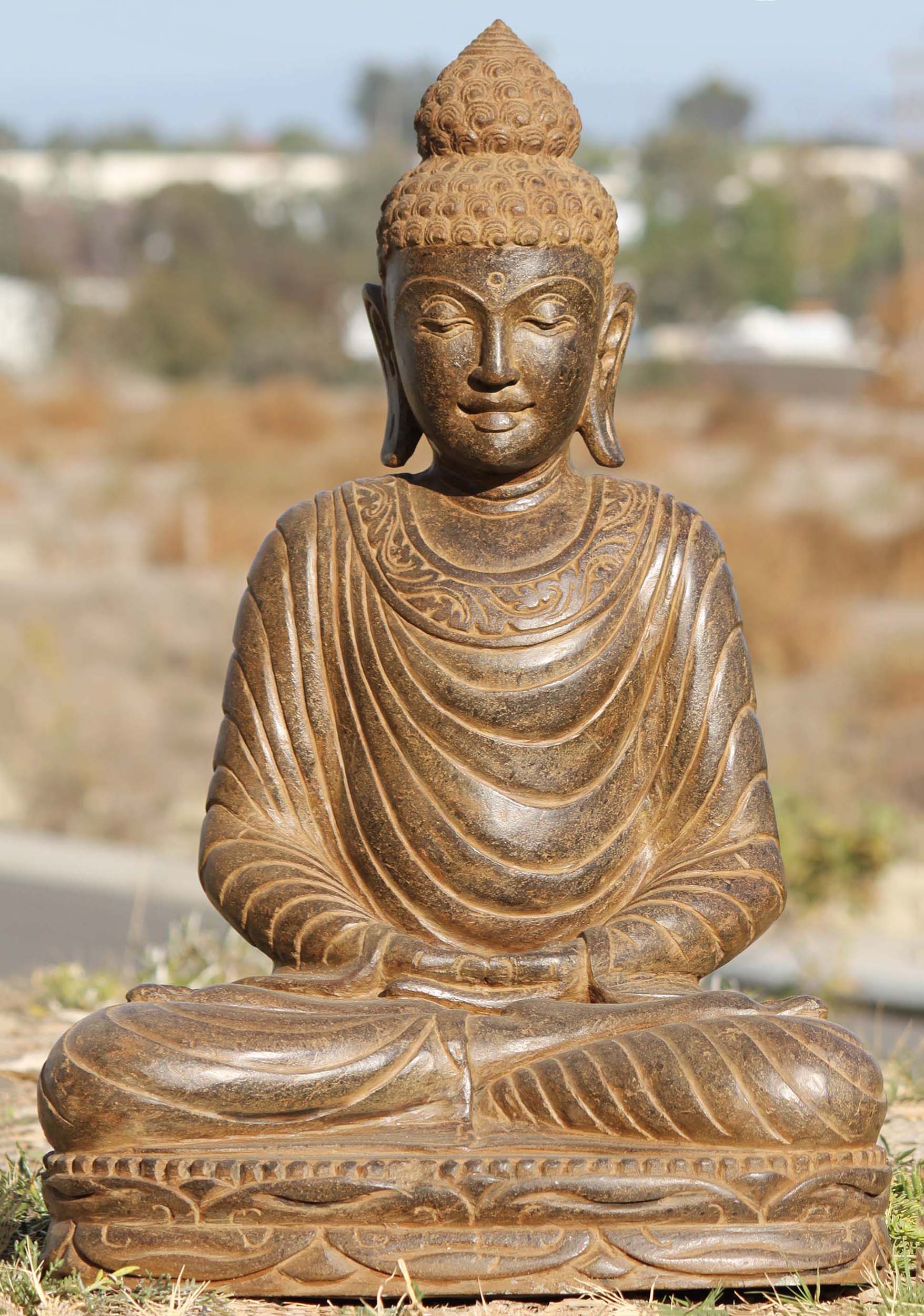 SOLD Stone Saffron Meditating Buddha Garden Statue 29