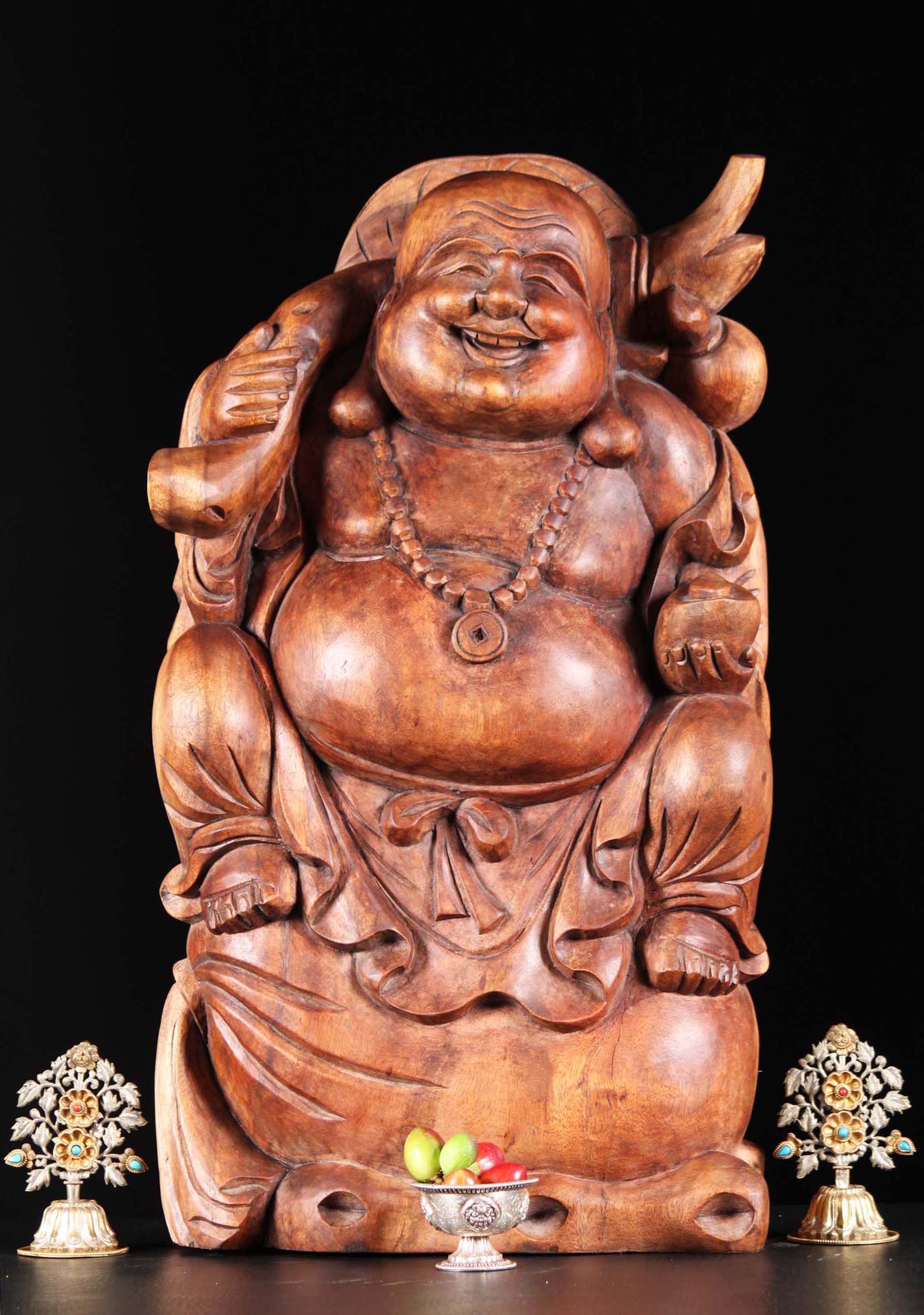 Wooden Happy Buddha Seated On Bag Of Gold 25"
