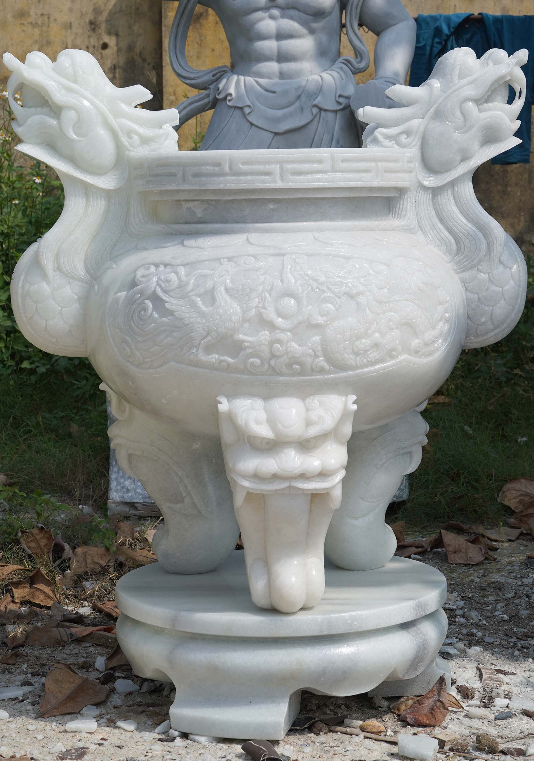 PREORDER 4 Foot Tall White Marble Dragon Incense Urn for Incense Sticks for Temple 49"