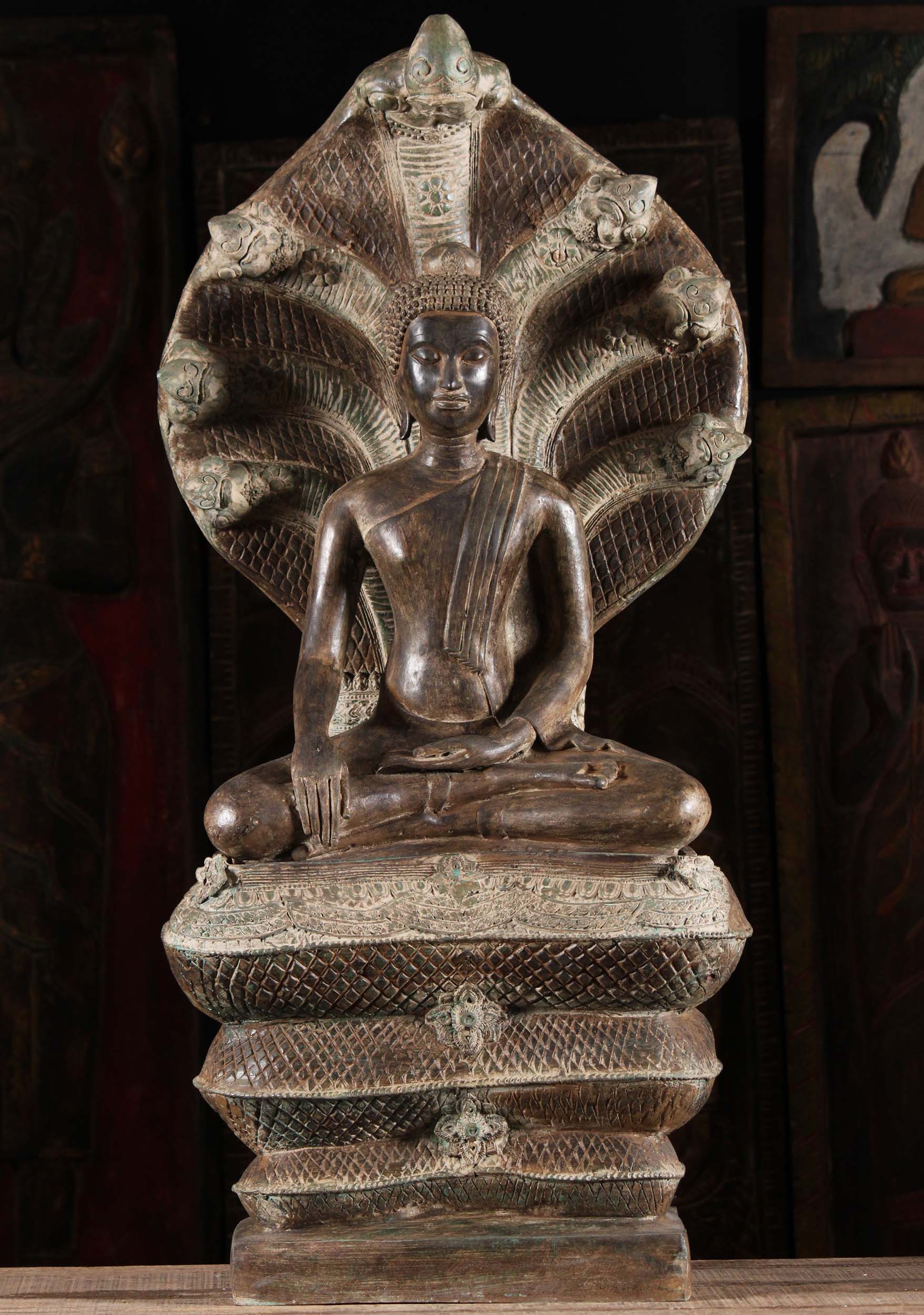 Buddha Statue in Earth Touching Pose Beneath 7 Heads of Muchalinda in Ardha Padmasana 39"