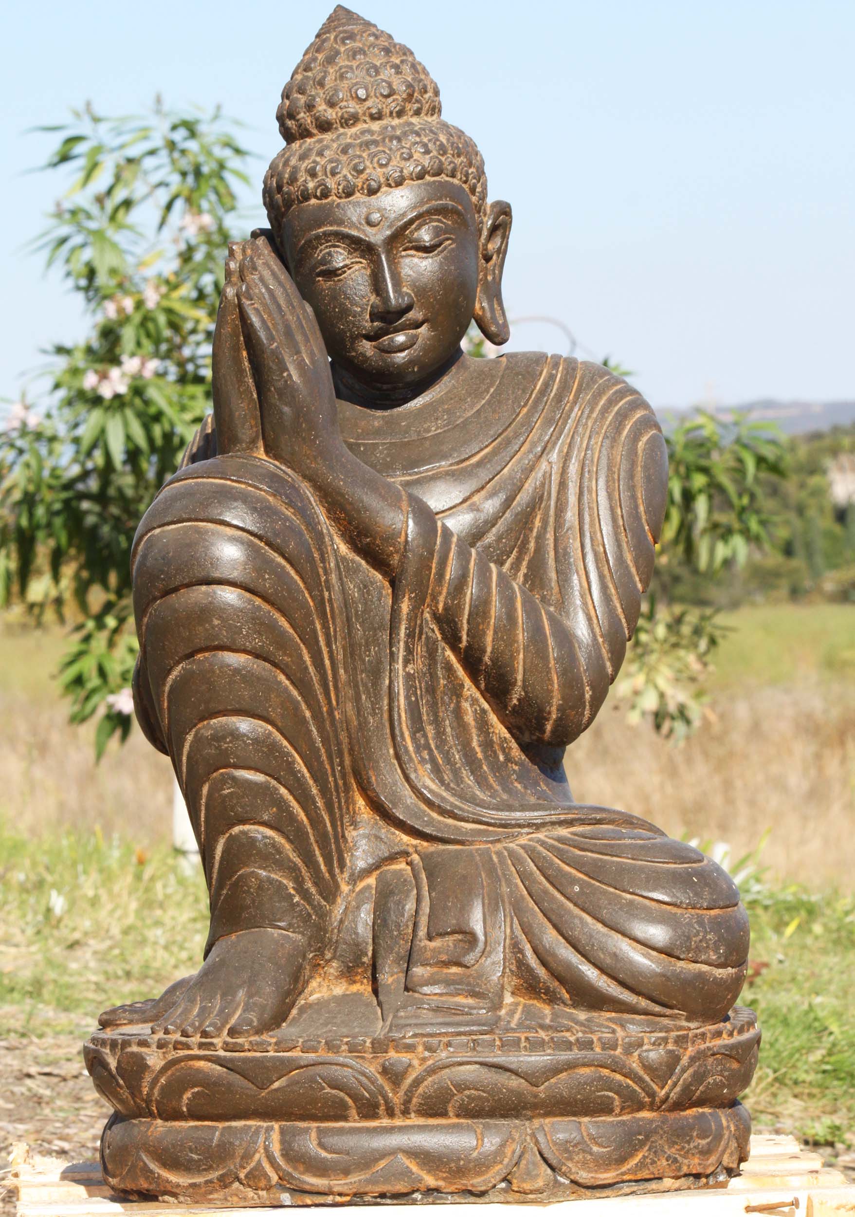 Stone Anjali Mudra Namaste Buddha Statue 27"