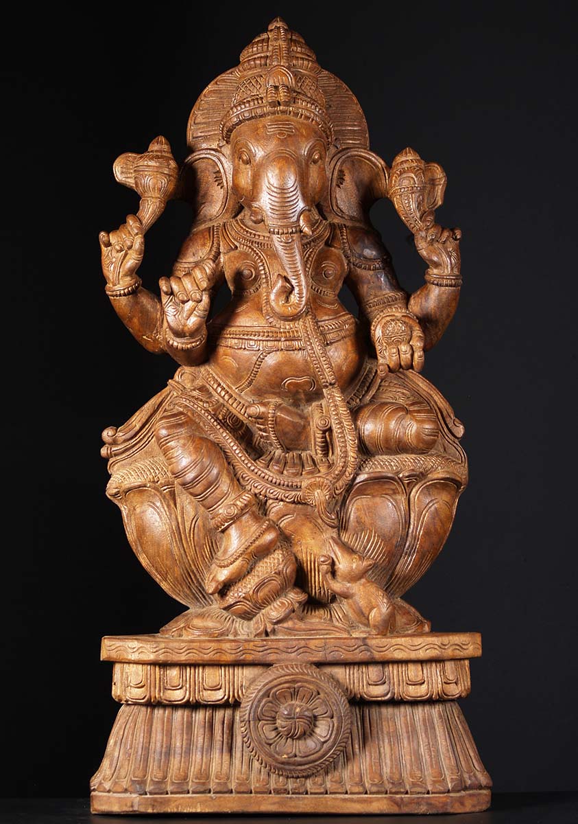 Natural Wood Seated Ganapathi Murti 36"