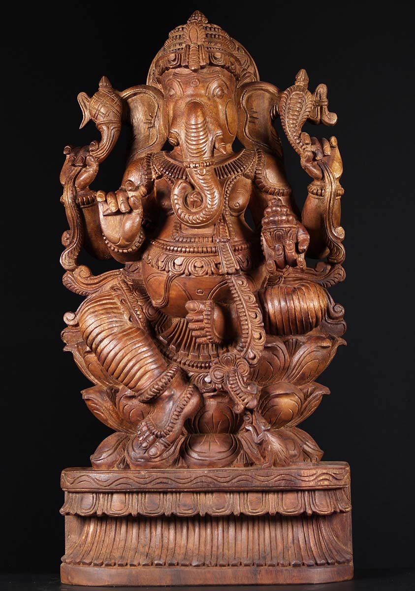 Natural Wood Seated Ganesha Statue 36"