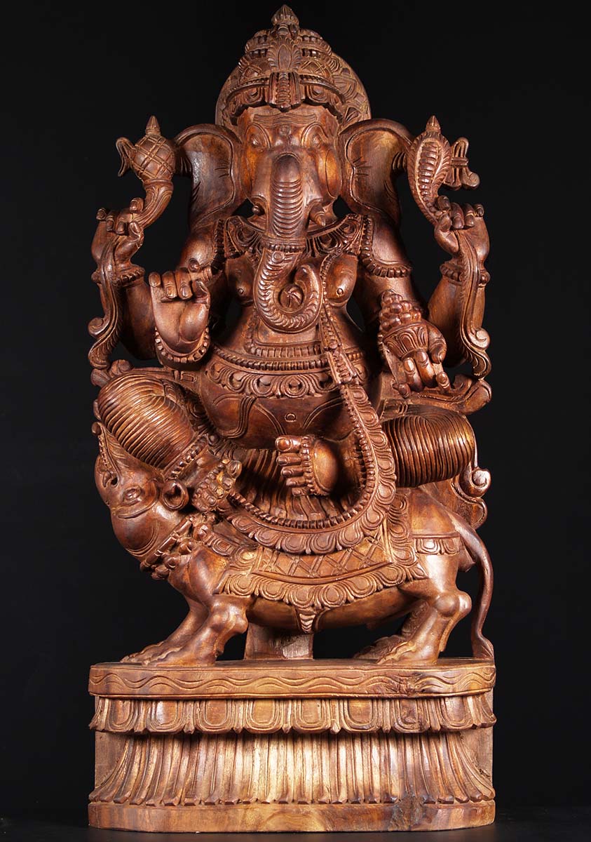 Natural Wood Ganesha Seated on Rat 36"