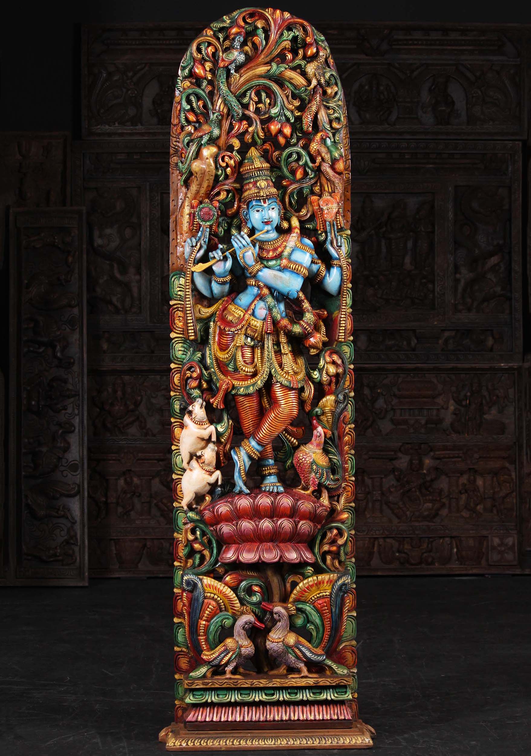 Wood Blue Gopal Krishna Playing the Flute on Lotus with 2 Cows, 4 Parrots & 3 Peacocks 72"