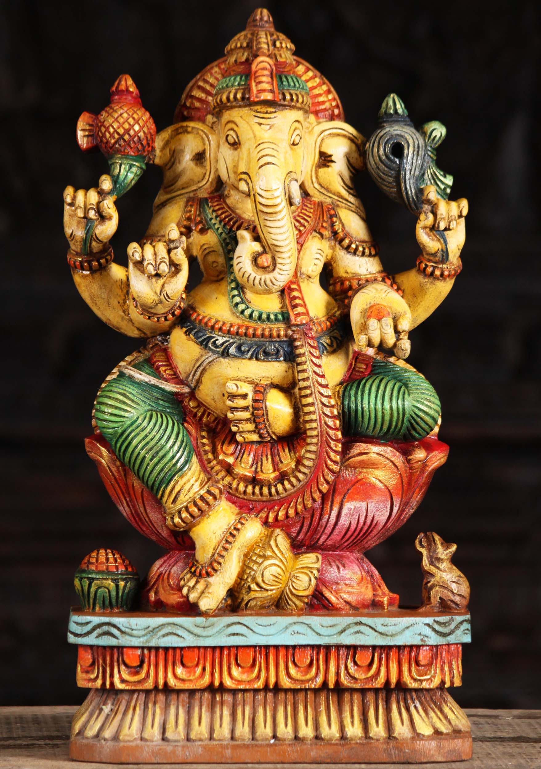 Wooden Ganesha Statue Holding Mango 18"