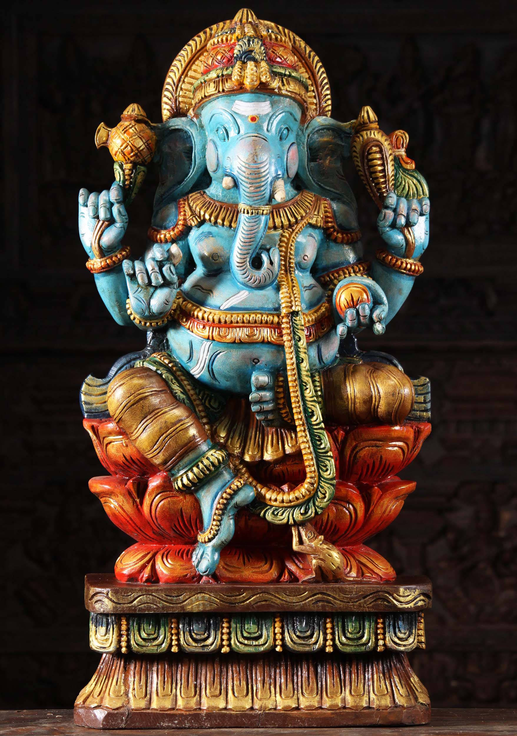 Wooden Blue Ganesha Statue Holding Tusk 36"