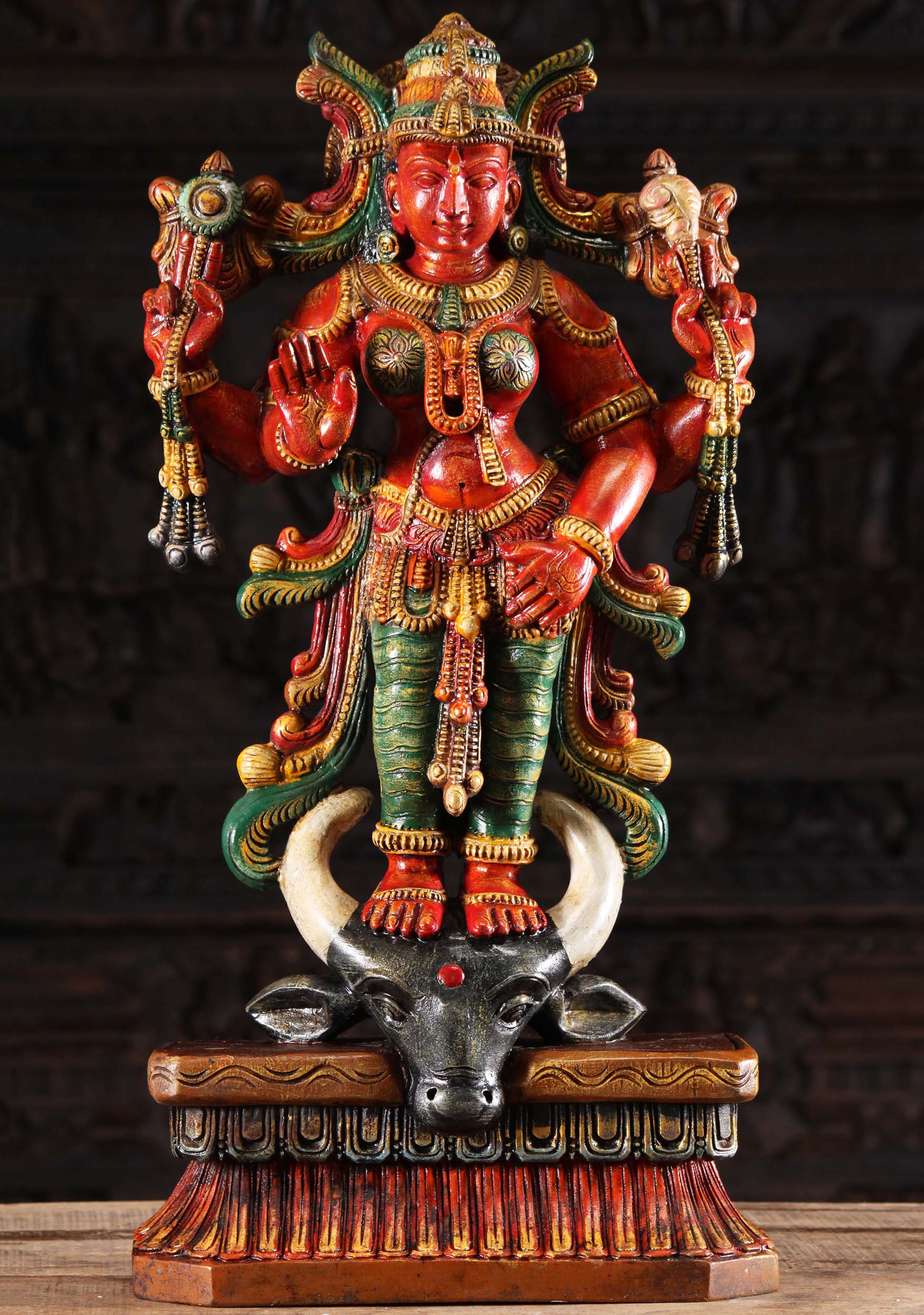 Wood Vishnu Durga Statue on Buffalo Head 30"