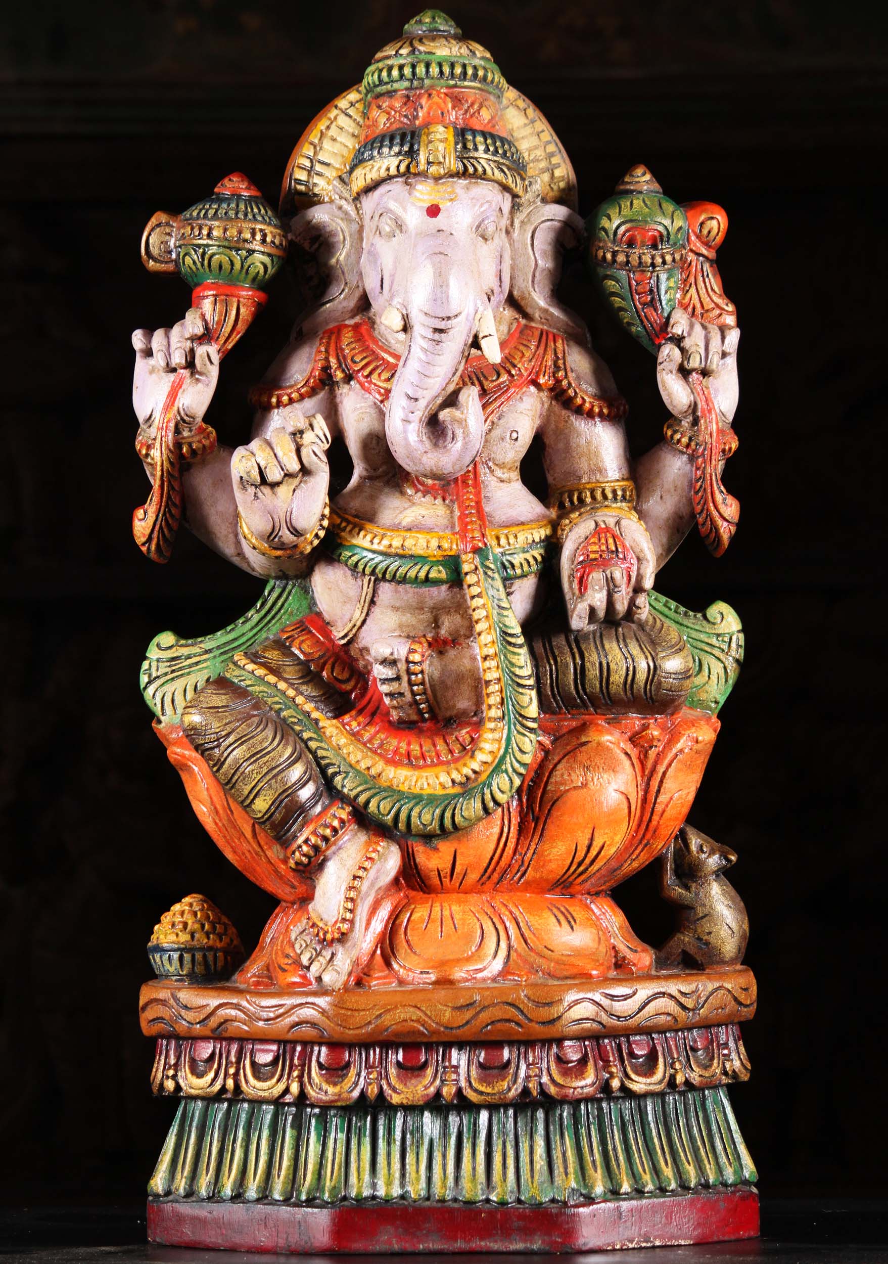Painted Wood Ganapathi Sculpture 24"