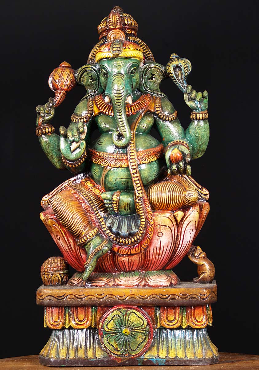 Wood Green Ganesh Sculpture 24"