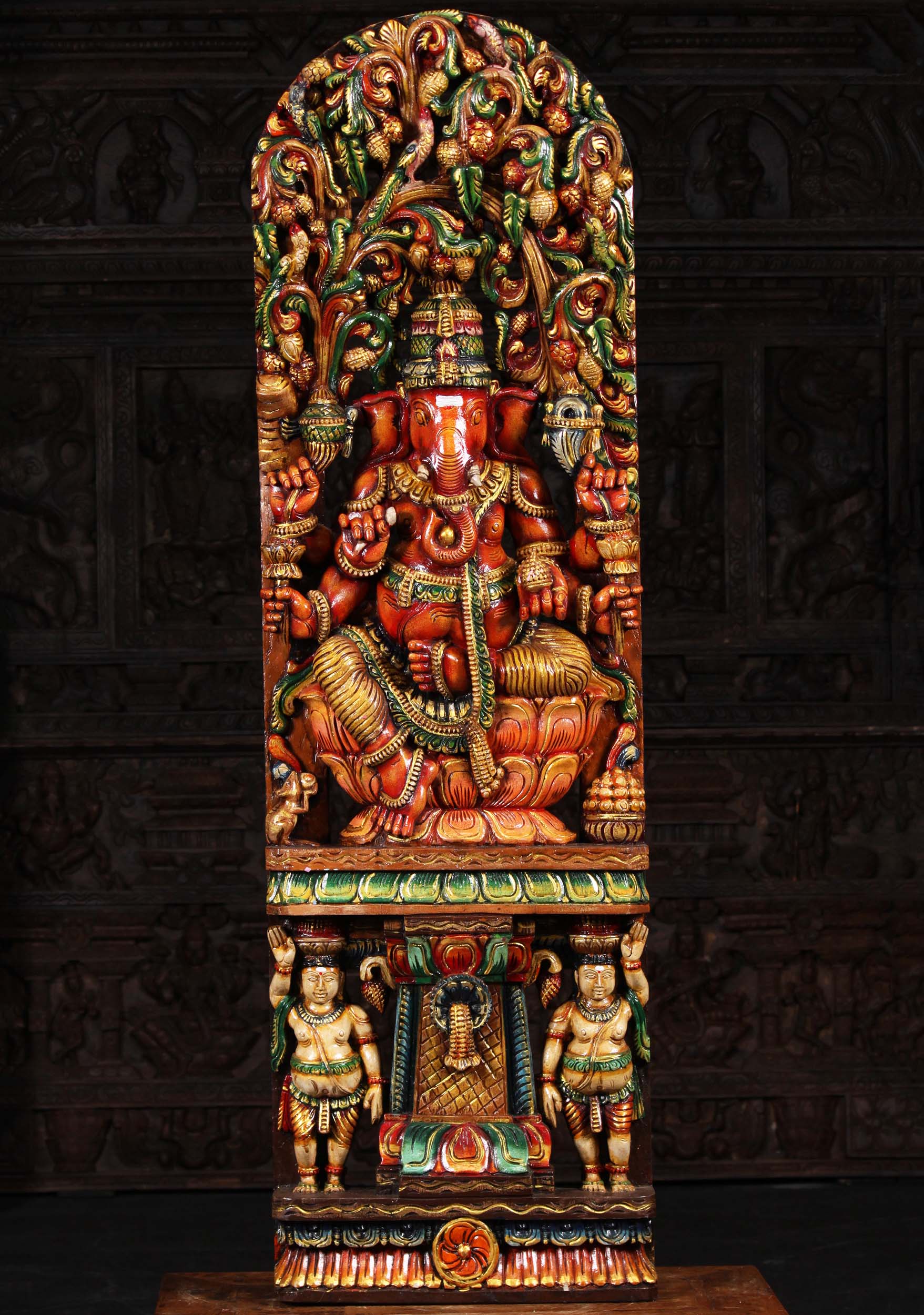 Wooden Colorful Red 6 Armed Ganapthi Idol Seated on Lotus with 2 Ganas 60"