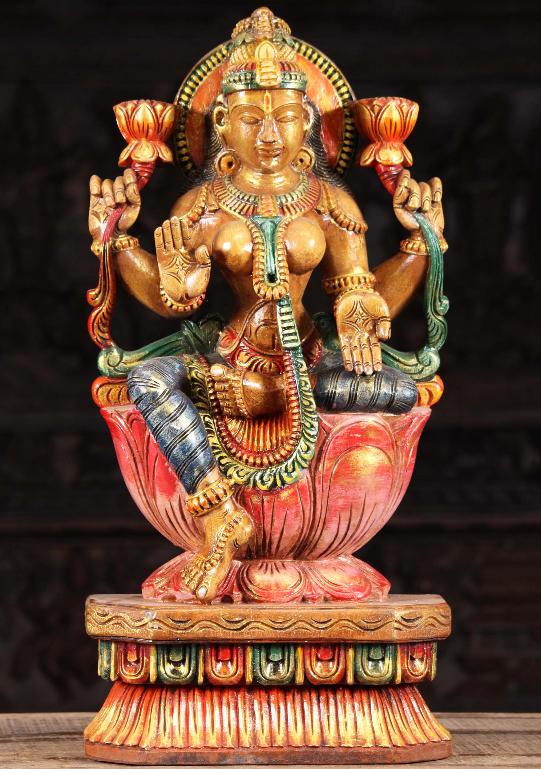 Wood Lakshmi Statue Holding 2 Lotus Flowers Hand Carved and One of a Kind  24"