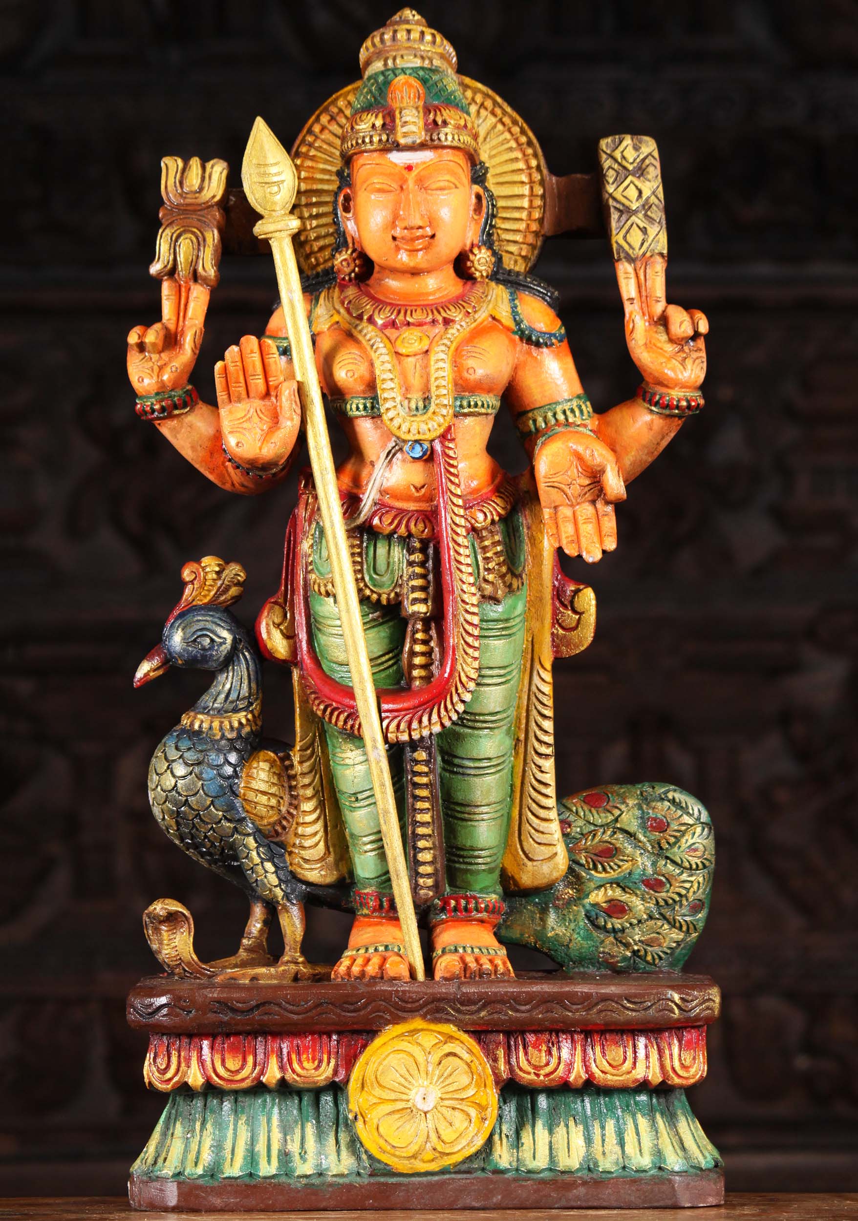 Painted Wood Murugan with Vel & Peacock 24"
