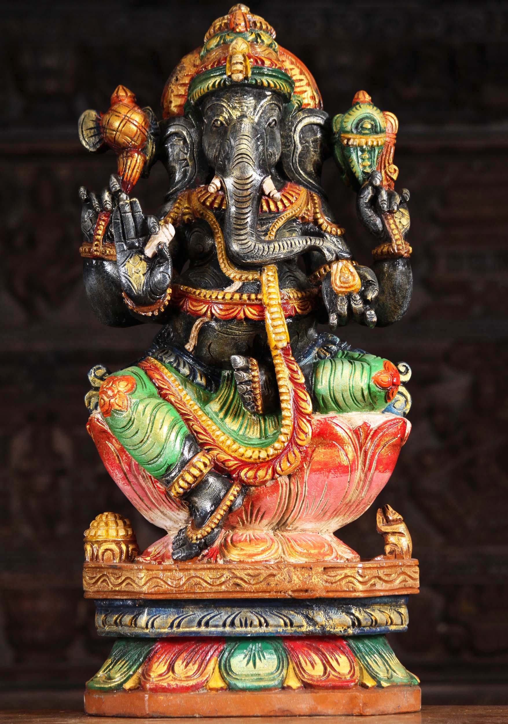 Wood Seated Ganesh Holding Broken Tusk 24"